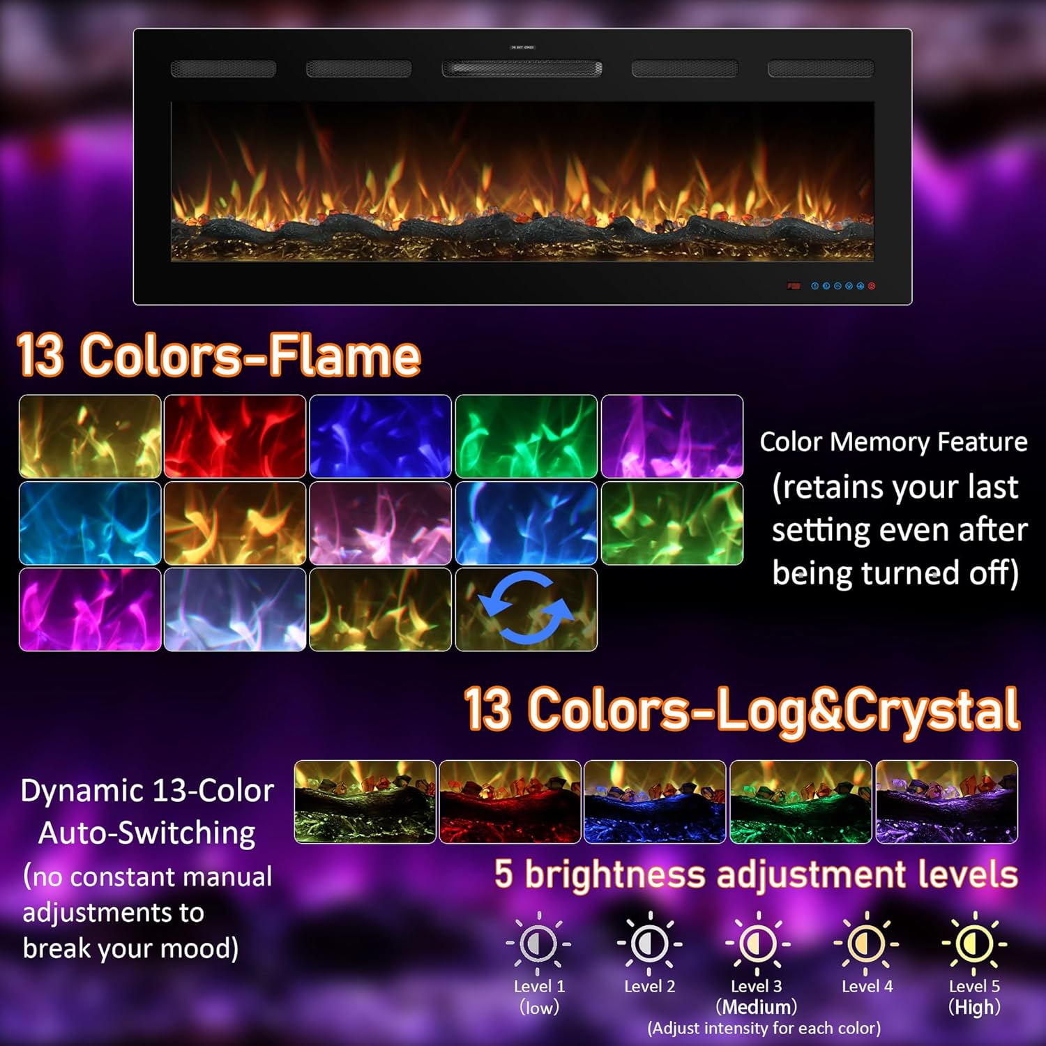 72 Inch WiFi Electric Fireplace Heater with Sound, Wall Mounted, Recessed or Free‑Standing, 750/1500W, 13 Flame & Fuel Bed Colors, Dimmable, Remote & App Control, Alexa & Google Home