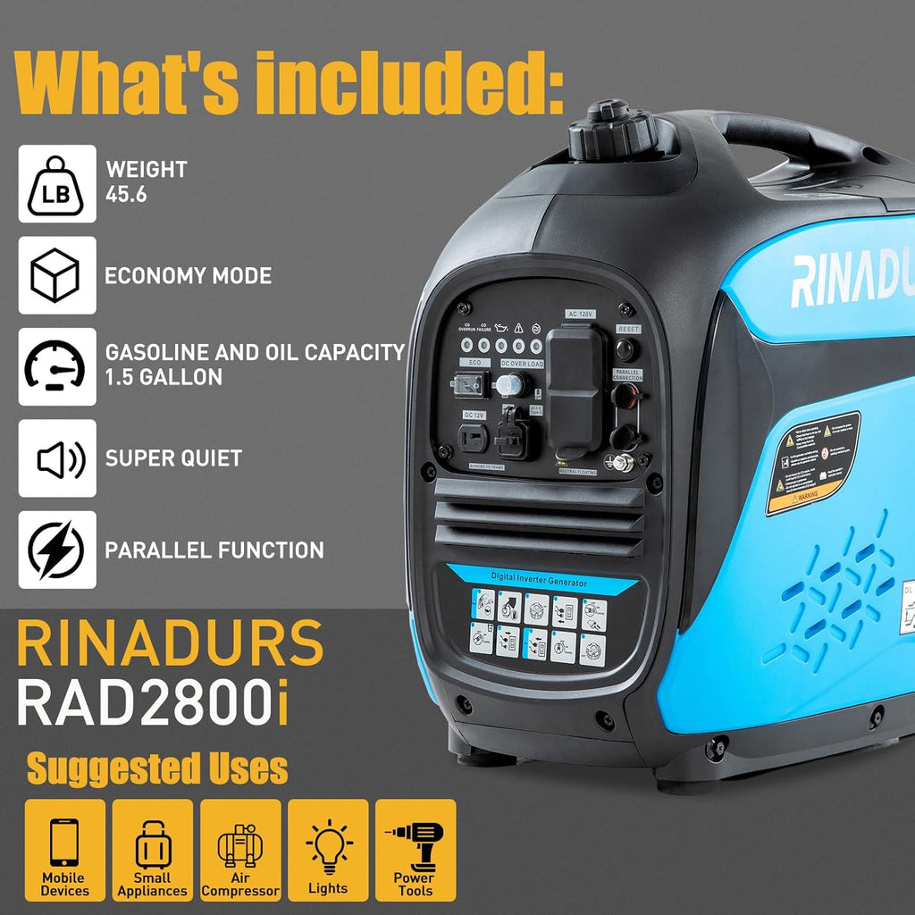 2800 Watt inverter generator  quiet and portable  suitable for home backup power  outdoor camping  and construction sites.EPA Compliant