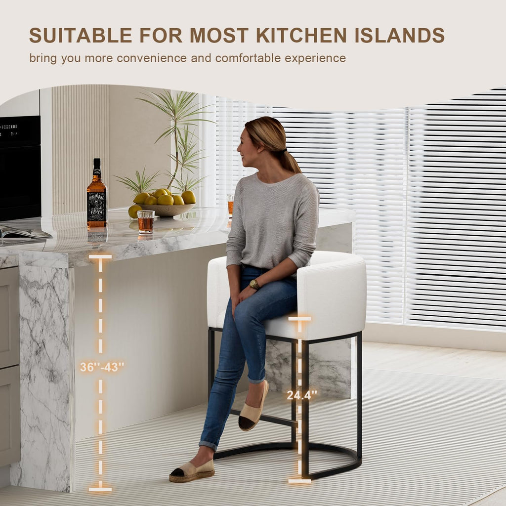 26" H Counter Height Bar Stools Set of 4, Modern Barrel Counter Stools with Backrest and Arms, Linen Fabric Upholstered Accent Barstools for Kitchen Island,Support 450 LBS (White)