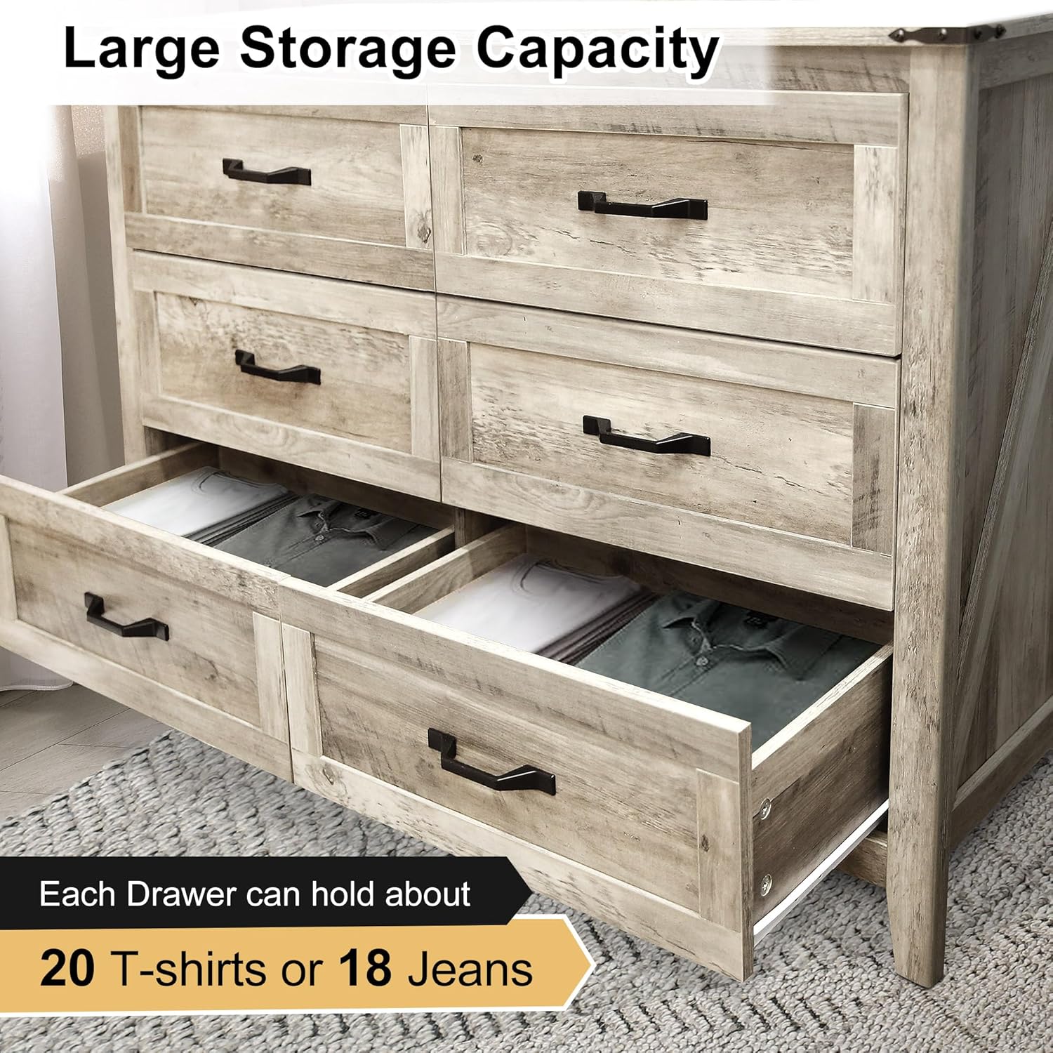4PCS Farmhouse Dresser Set, Dresser and Nightstand Sets, Rustic Wooden Dresser Set. Including 6 Drawer Dresser & 4 Drawer Dresser & 2 Drawer Nightstand Set of 2 with USB. Light Rustic Oak