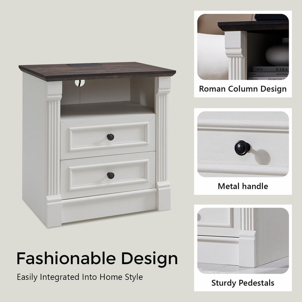 26" Tall Farmhouse Nightstand Set of 2, 2 Drawers End Table w/Charging Station, 23.6" Wide Large Side Table w/Roman Column, Wood Rustic Sofa Table w/Open Shlef, Bedside Table for Bedroom, White