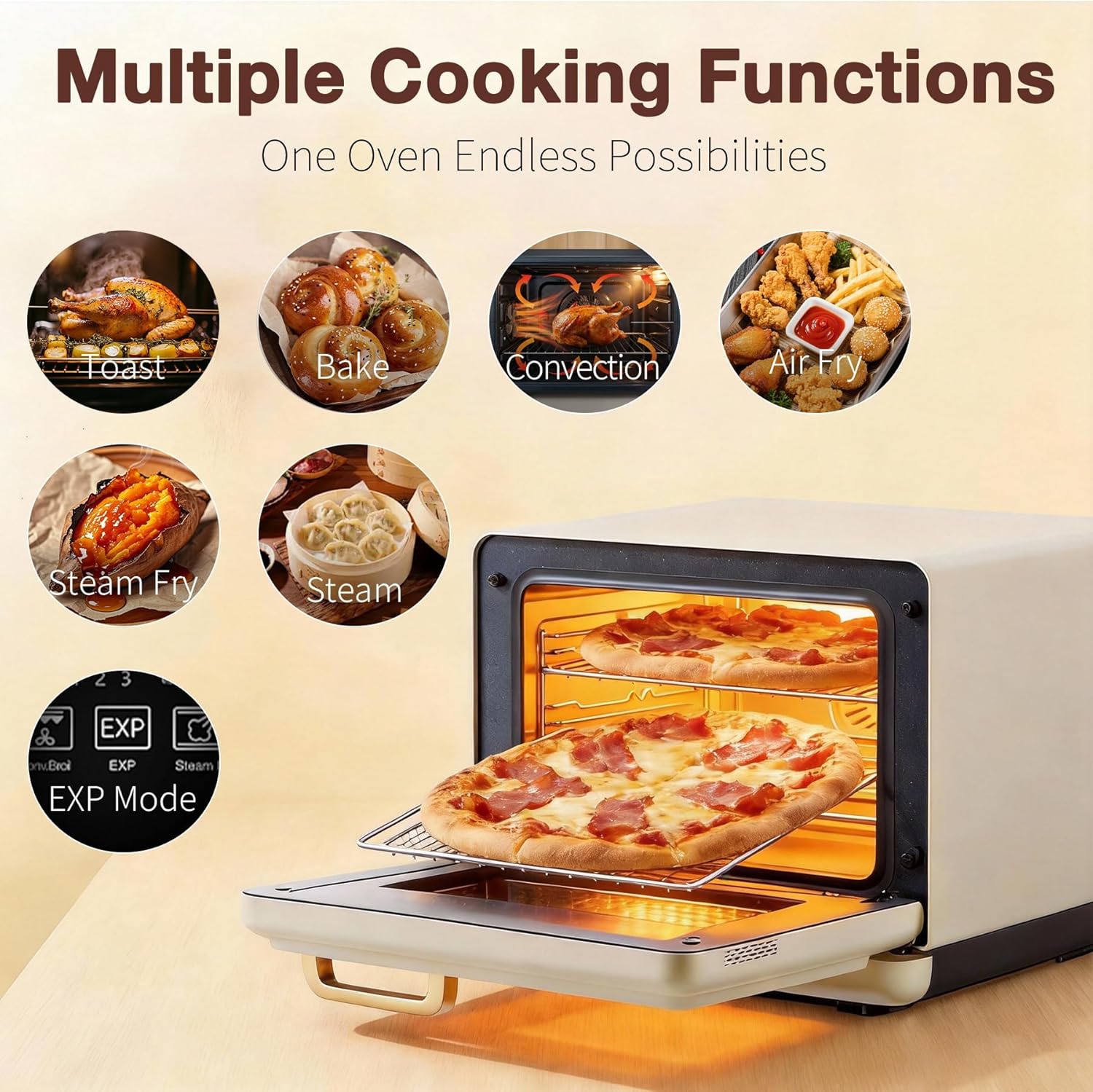 ROBAM Toaster Air Fryer Oven Combo, Countertop Convection Cooker with Bake & Fry, 1.2 Cu.Ft Large Capacity Combi Steam Oven, 32 Preset Recipes, Smart Touch Precise Temp Control, Multi-Stage (White)