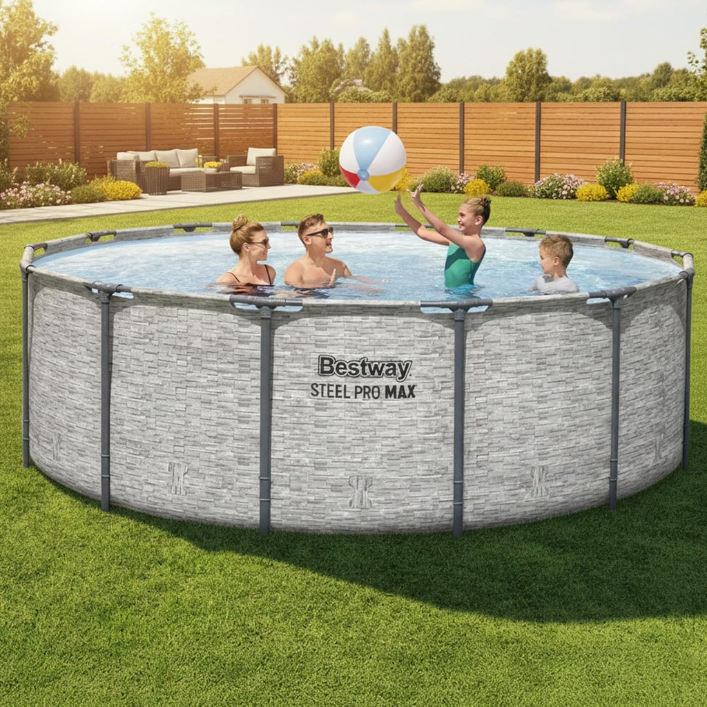 Bestway Steel Pro MAX 14' x 48" Above Ground Pool  Round Metal Frame Outdoor Swimming Pool Set with Filter Pump  Ladder  and Cover  Gray Stone Print