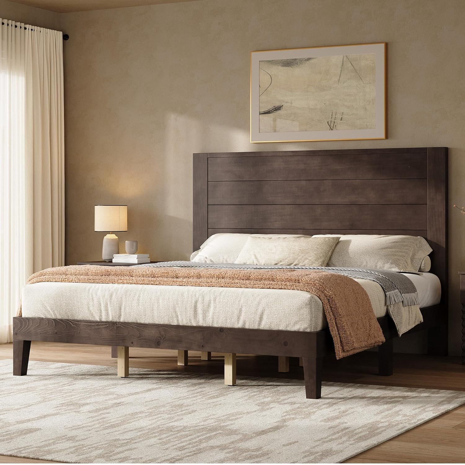 AMERLIFE King Sizes Solid Wood Bed Frame with 48" Headboard, Mid Century Modern Platform Bed with Silent Wood Slat System, No Box Spring Needed, Under-Bed Storage, Walnut