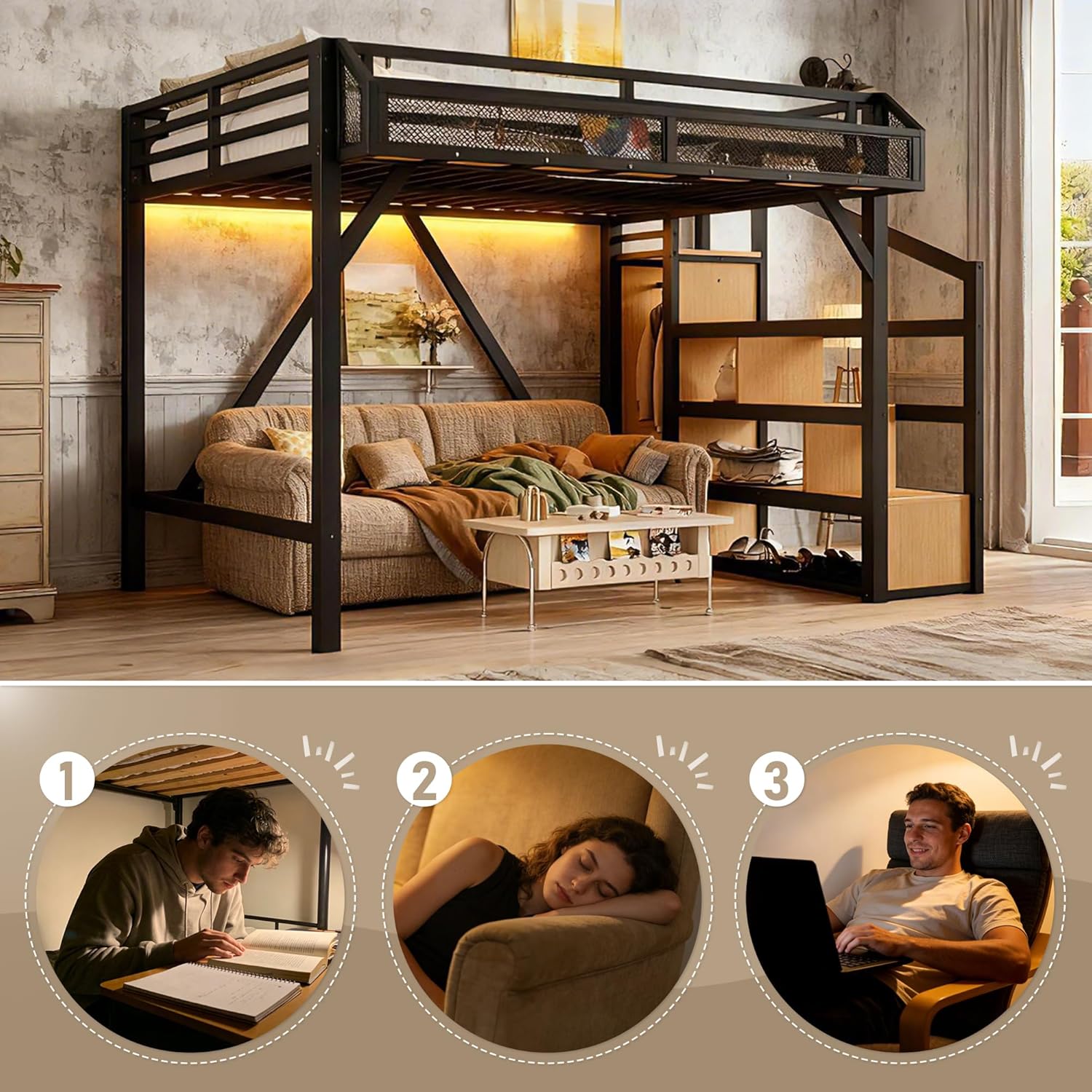 Bellemave Queen Loft Bed Frame with Storage Stairs, Beside Shelf & Wardrobe, Metal Queen Size Loft Bed with USB Ports&LED Light, Large Under-Bed Space Loft Beds for Adults,Teens, Kids, Black Natural