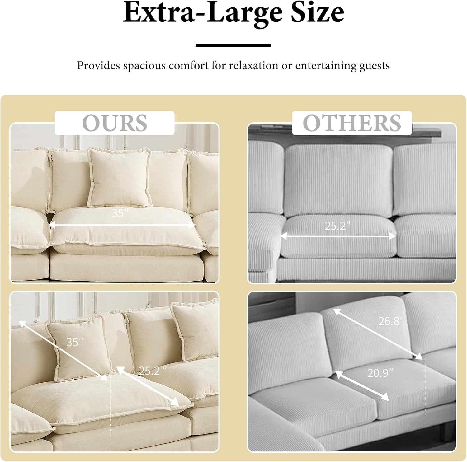 111.5" Beige Modular Sectional Sofa, 3 Seater Large Sectional Couches for Living Room, Ivory Off-White Chenille Fabric Oversized Cloud Couch with Ottoman, Modern Sofas Set, Sofas para Sala, U Shaped