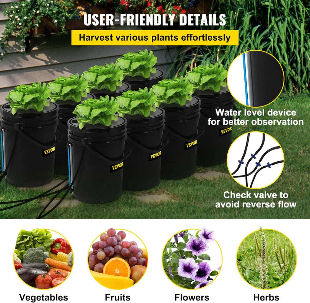 VEVOR DWC Hydroponic System  5 Gallon 8 Buckets  Deep Water Culture Growing Bucket  Hydroponics Grow Kit with Pump  Air Stone and Water Level Device  for Indoor/Outdoor Leafy Vegetables