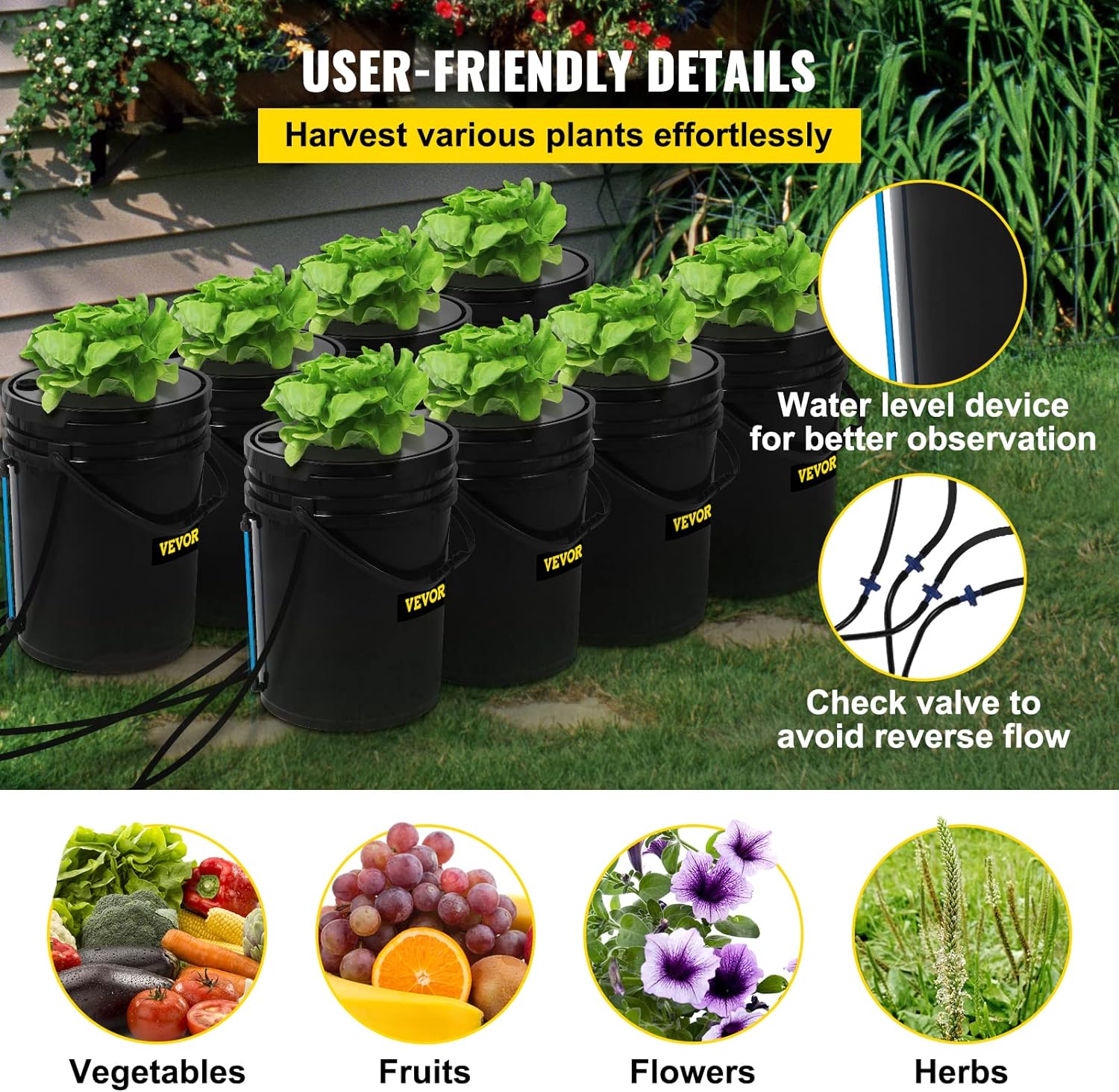 VEVOR DWC Hydroponic System  5 Gallon 8 Buckets  Deep Water Culture Growing Bucket  Hydroponics Grow Kit with Pump  Air Stone and Water Level Device  for Indoor/Outdoor Leafy Vegetables