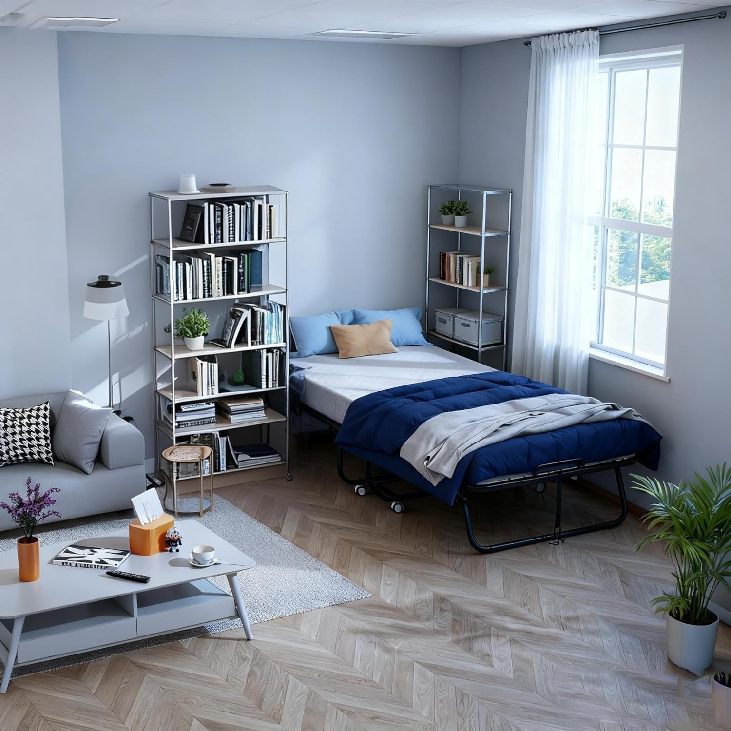 Pataku Folding Bed with Mattress, Twin Foldable Bed, Roll Away Beds for Adults, 75" x 31" Roll Away Portable Beds with 5" Mattress, Folded Frame for Small Apartment, Guest Room