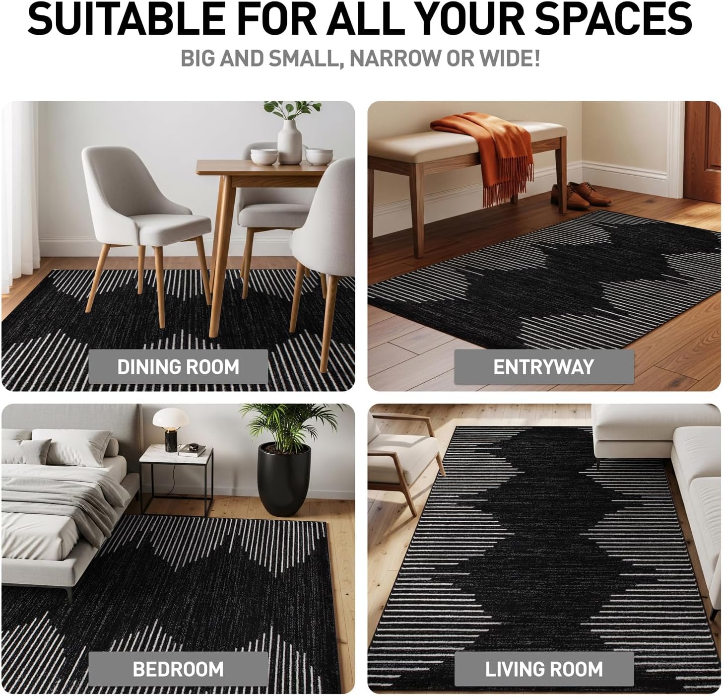 Rugshop Bohemian Stripe Stain Resistant High Traffic Living Room Kitchen Bedroom Dining Home Office Area Rug 10' x 14' Black