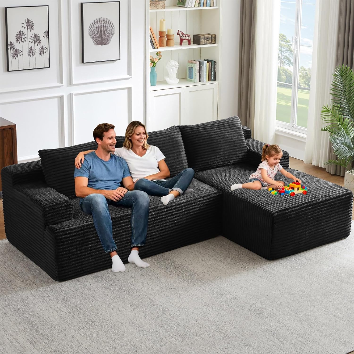 96" Modular Sectional Sofa Couches L-Shape Couch 3 Seat Modular Sofa Corduroy Memory Foam Sectional Boneless Couches for Living Room, Cloud Couch with Oversized Chaise(Black, Right Facing)