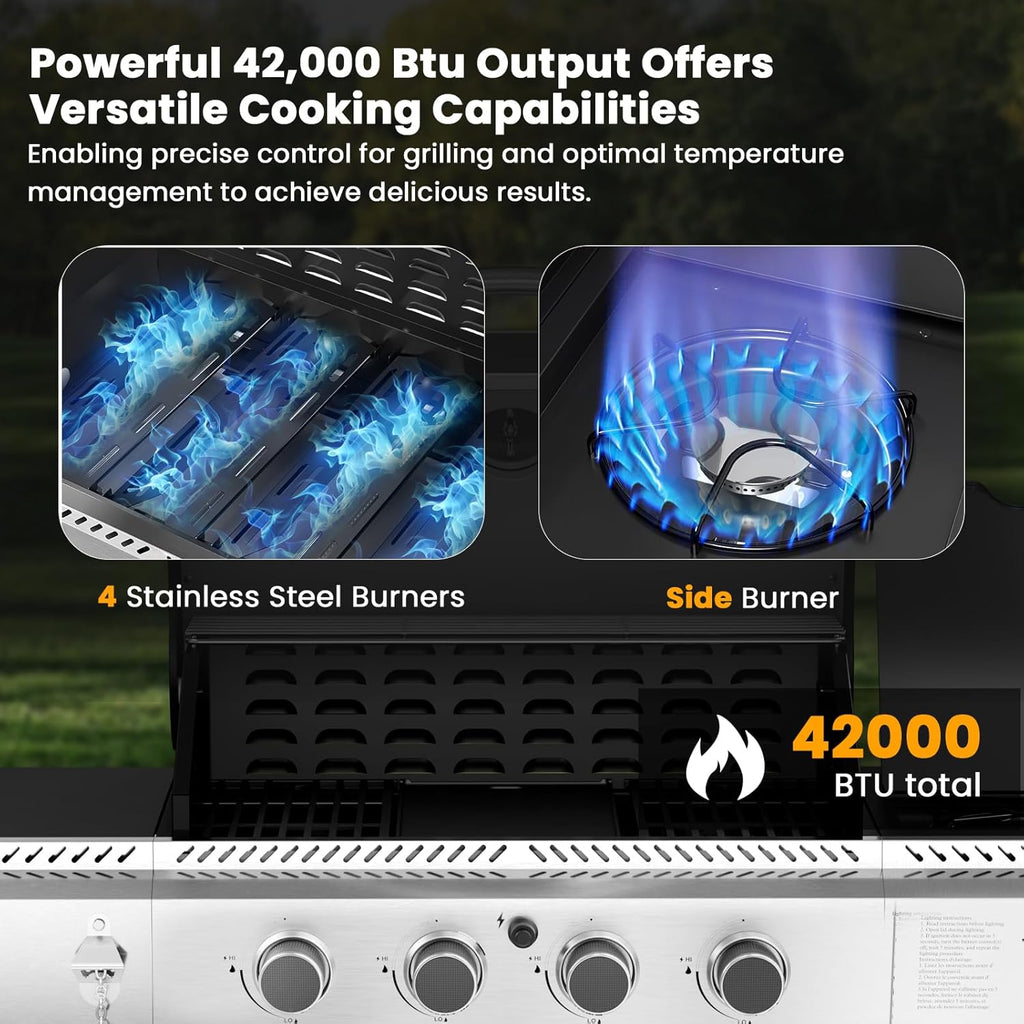 4-Burner Gas Grill with Side Burner Stainless Steel Propane Grill with Porcelain-Enameled Grills Built-In Thermometer 42000BTU BBQ Grill for Outdoor Cooking and Patio Barbecues