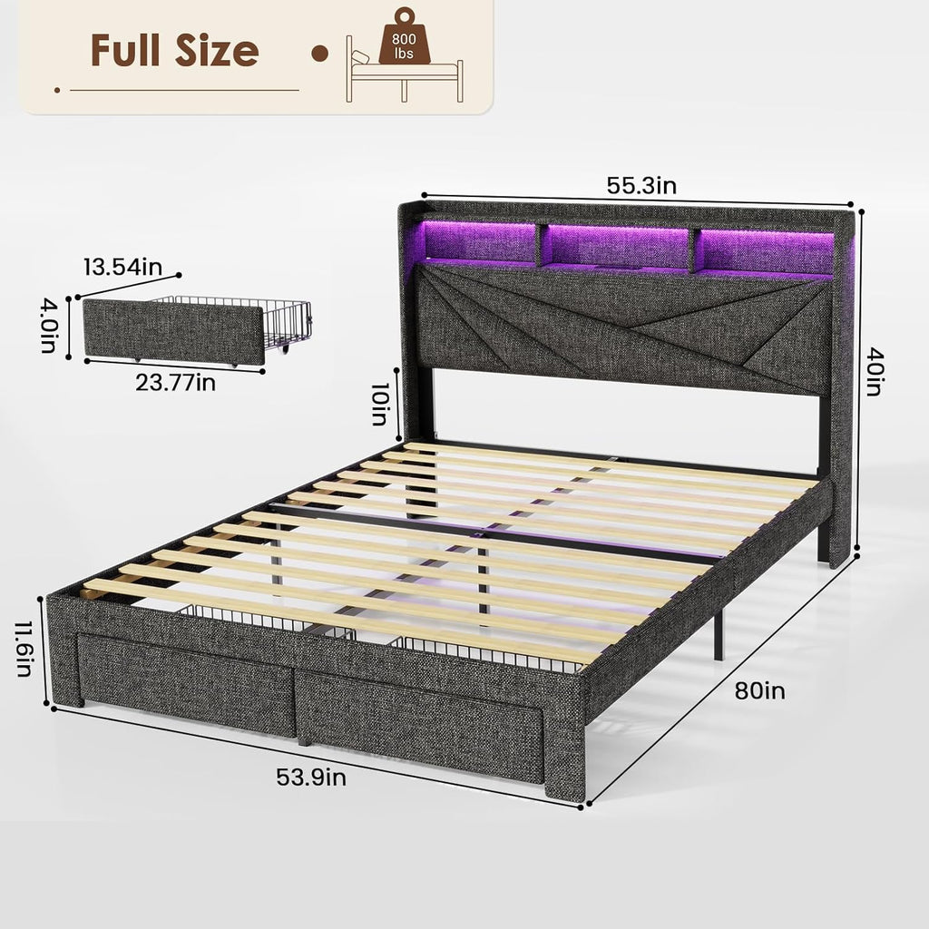 Full Size Bed Frame with 2-Tier Storage Headboard, Upholstered Full Bed Frame with 2 Drawers, Charging Station and LED Lights, No Box Spring Needed, Easy Assembly - Dark Grey
