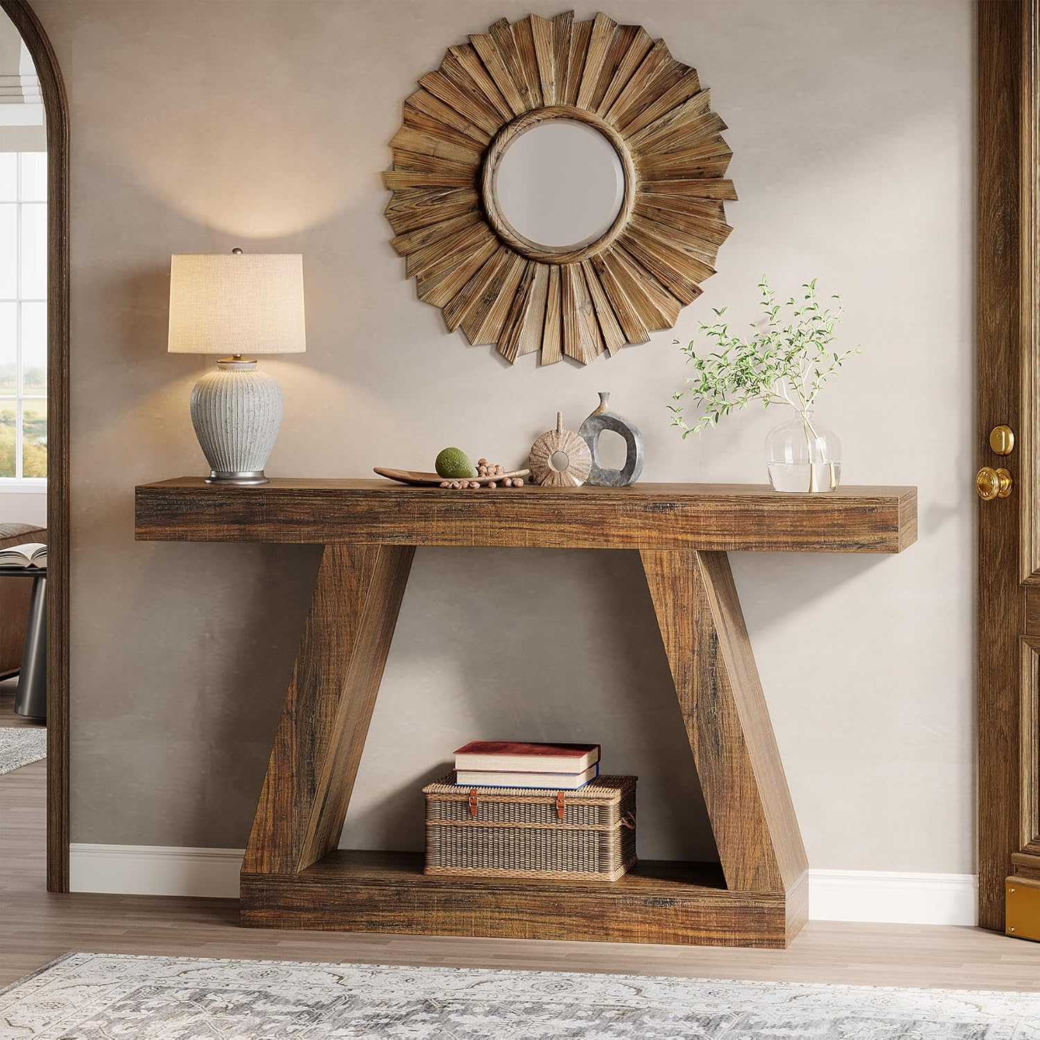 Tribesigns Farmhouse Console Table, 55-Inch Rustic Sofa Table with Storage, Industrial Wooden Entryway Table for Hallway, Living Room, Dark Brown