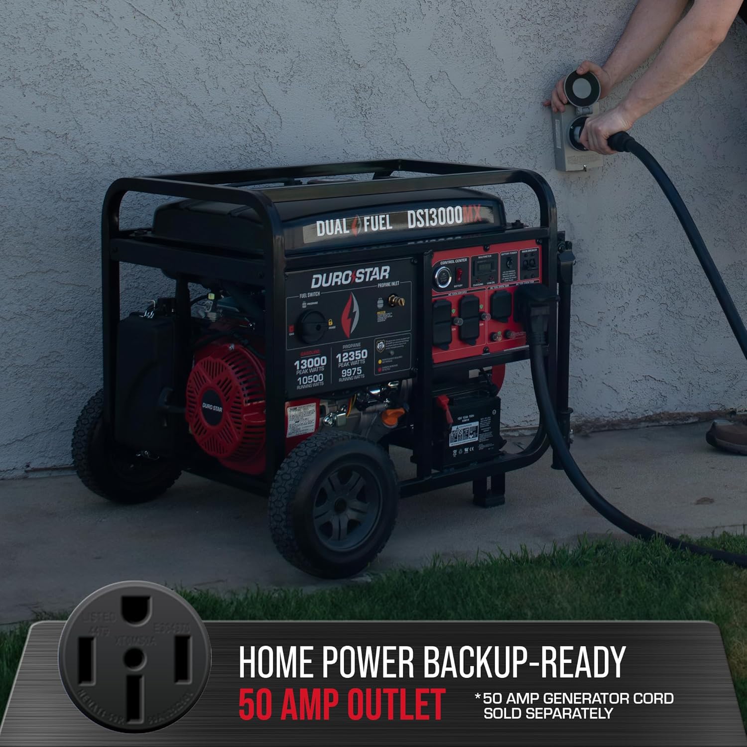 DuroStar DS13000MX 13 000-Watt 500cc Dual Fuel Portable Generator - Gas and Propane  Remote Electric Start  Whole Home Power Backup  Transfer Switch Ready  RV & Emergency Ready