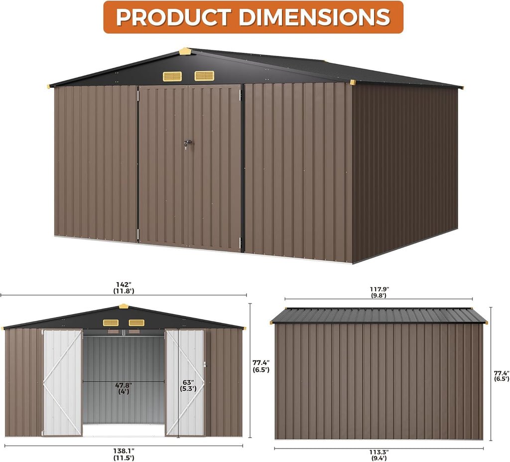 IRONCK 10x12FT Outdoor Storage Shed  Metal Garden Tool Shed with Breathable Vent and Lockable Doors  Outside Storage for Backyard  Poolside  Patio  Brown