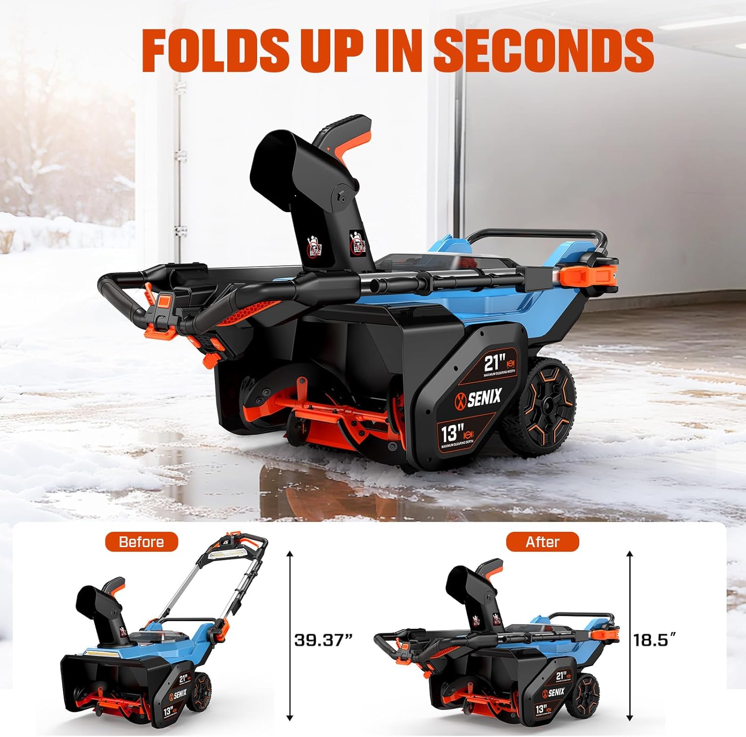 SENIX 60V 21" Cordless Snow Blower  Steel Auger  3500W Brushless Motor  Heated Handle 13" Depth  45FT Throw Distance  LED Lights  16000mAh Batteries(Single Box) & Dual Port Charger 1200lbs/min
