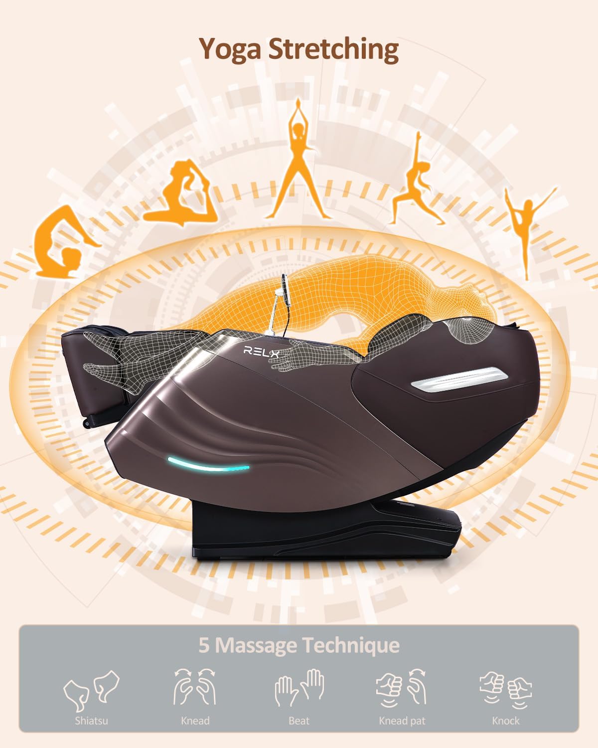 RELX Massage Chair Full Body, 15 Modes Zero Gravity SL-Track Shiatsu Massage Chair Built-in Heat System, Airbag Massage with Body Scan, Deep Yoga Stretch, Calfrest Extension and AI Control(Brown)