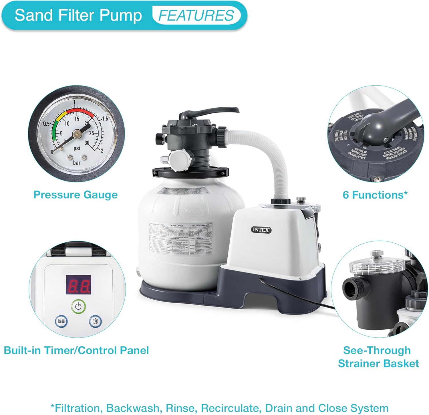Intex Sand Filter Pump & Saltwater System for Up to 15 000 Gal Pools  Krystal Clear - Automatic Algae Control & Above-Ground Swimming Pool Cleaning