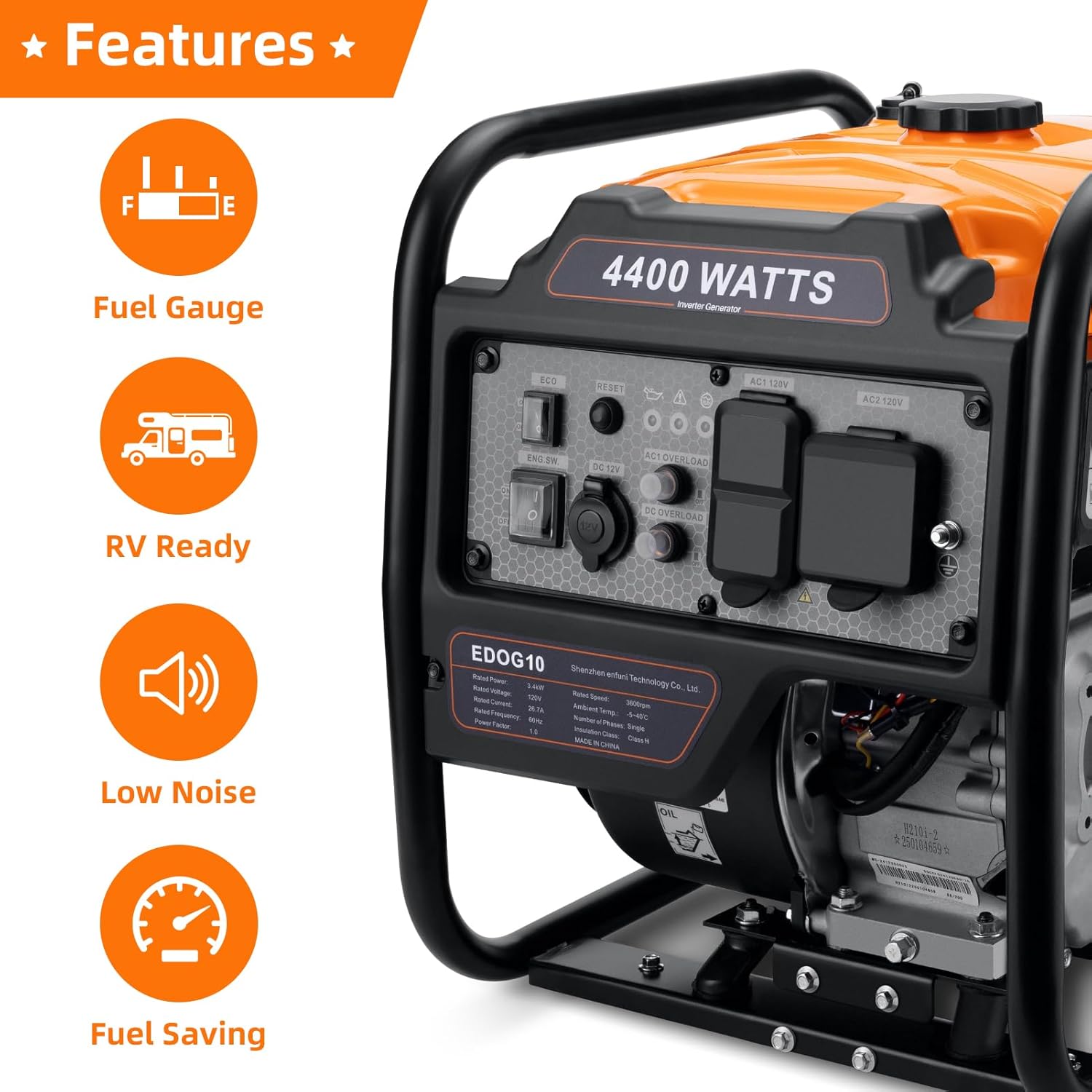 Power Equipment 4400 Watts Inverter Generator Gas Powered  Portable Open Frame Generator  Low Noise with ECO Mode  RV Ready  Emergency Home Backup