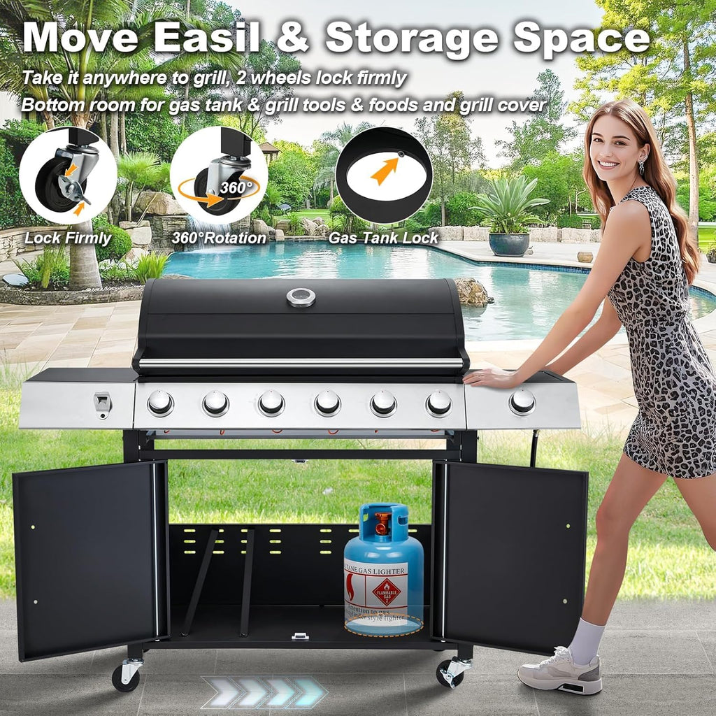 MELLCOM Upgraded 60 000 BTU Stainless Steel Burner Barbecue Grill  6 Burner BBQ Propane Gas Grill with Side Stove & Cast Iron Grates for Patio  Camping  Outdoor Cooking