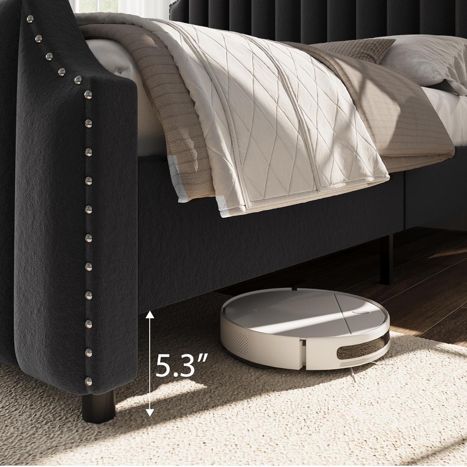 GarveeHome King Size Platform Bed Frame with 50.2 in Headboard, Velvet Upholstered Bed Frame King with Vertical Channel Tufted Headboard & Footboard, Nailhead Trim, No Box Spring Needed, Black
