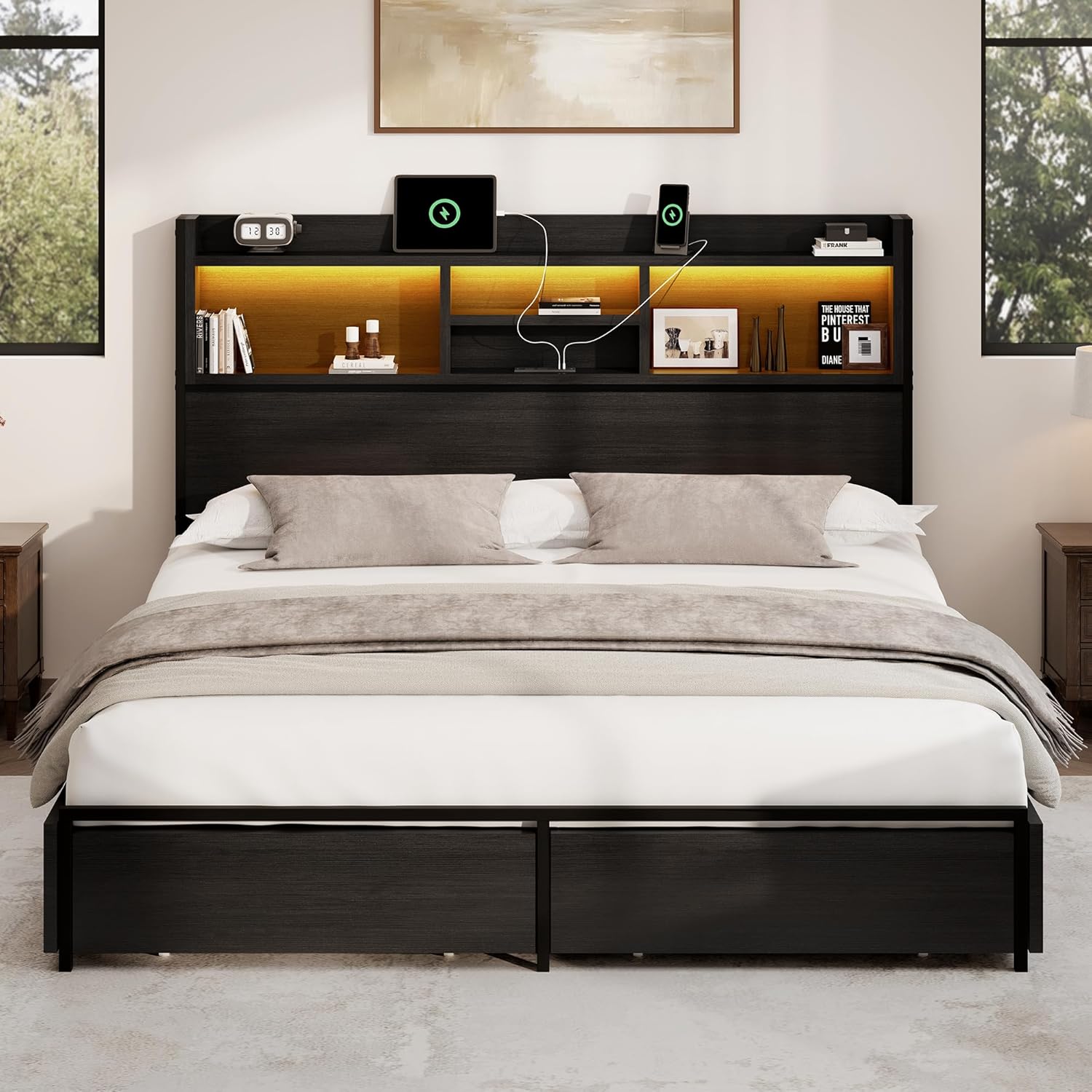 King Storage Bed Frame with 6 Drawers, USB Charging Station, No Noise, No Box Spring Required, Vintage Black Headboard Platform Bed