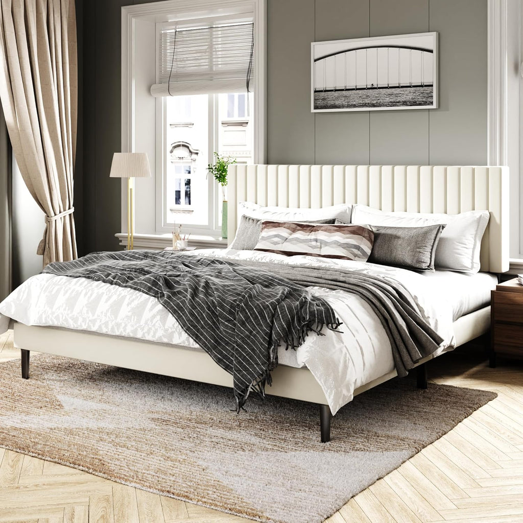 King Size Bed Frame with Velvet Upholstered Headboard, Platform Bed with Strong Wood Slats, Mattress Foundation, Box Spring Optional, Easy Assembly, Beige