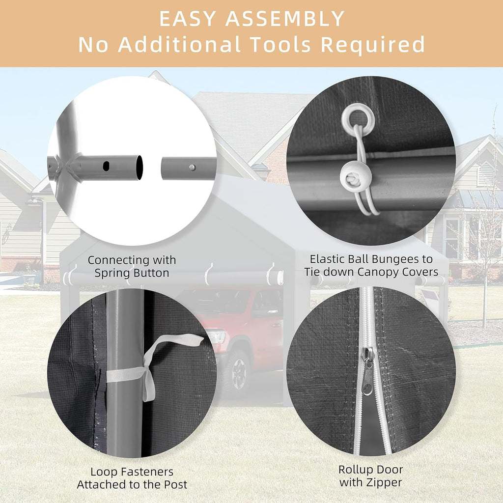 JY QAQA Carport  12x20 FT Heavy Duty Carport with Removable Side Walls and Doors  Portable Garage with Roll-Up Window and Sandbags  Car Canopy with All-Season Tarp for Cars  Trucks  Boats  Grey