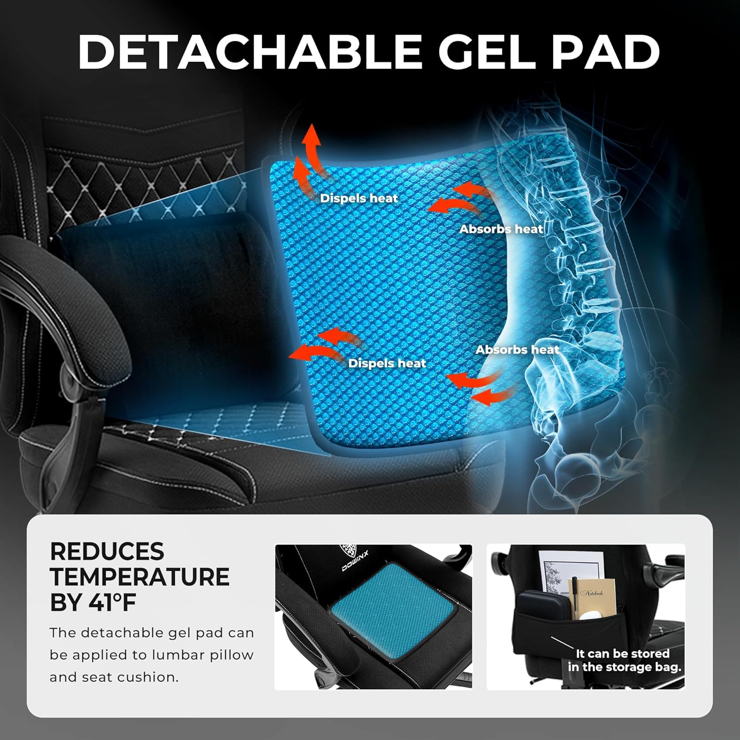 Dowinx Gaming Chair Breathable Fabric Game Chair with Gel Pad and Storage Bag, Comfortable Gamer Chair with Pocket Spring Cushion, Ergonomic Computer Chair with Footrest, Black