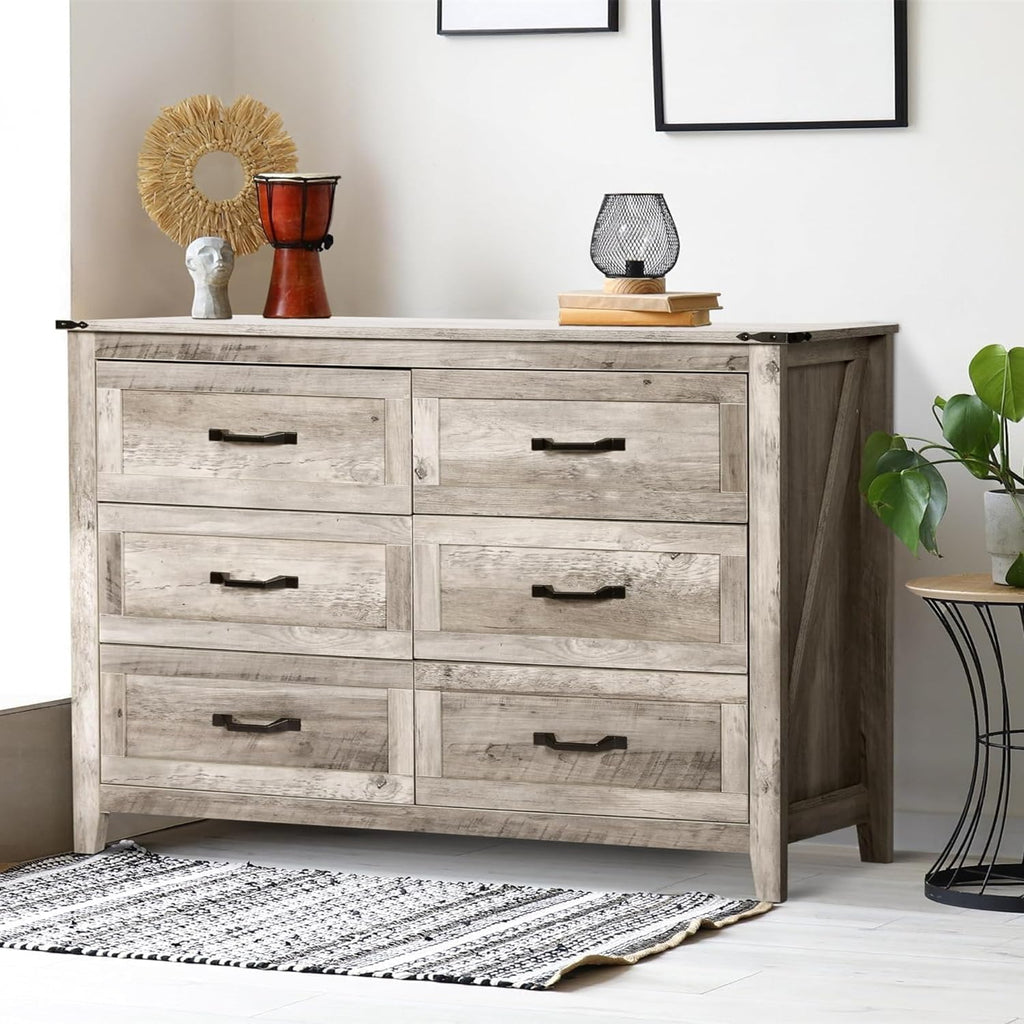 4PCS Farmhouse Dresser Set, Dresser and Nightstand Sets, Rustic Wooden Dresser Set. Including 6 Drawer Dresser & 4 Drawer Dresser & 2 Drawer Nightstand Set of 2 with USB. Light Rustic Oak