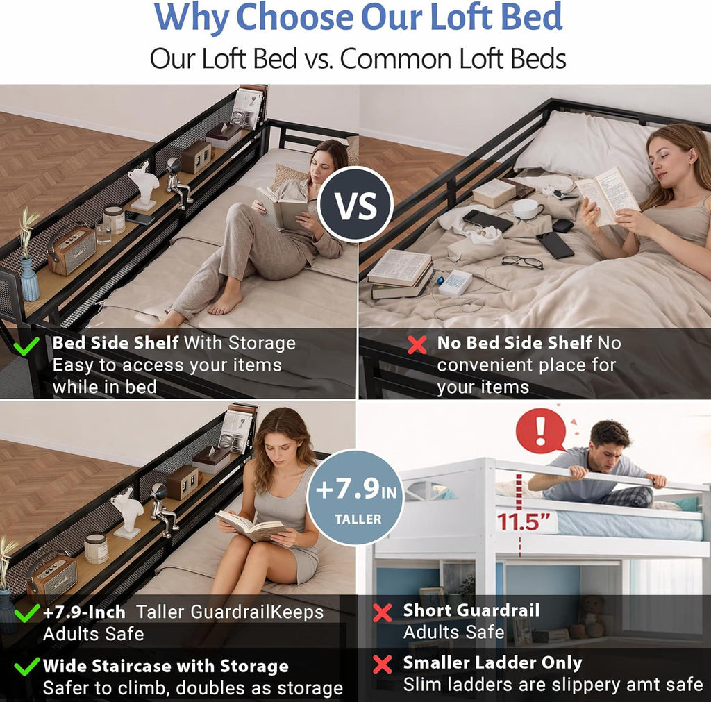 Full Size Loft Bed with Stairs and Storage, Metal Loft Bed Frame with Bedside Shelf and Large Under-Bed Space, Heavy-Duty Bed for Adults Teens and Kids, Convertible Staircase, Black