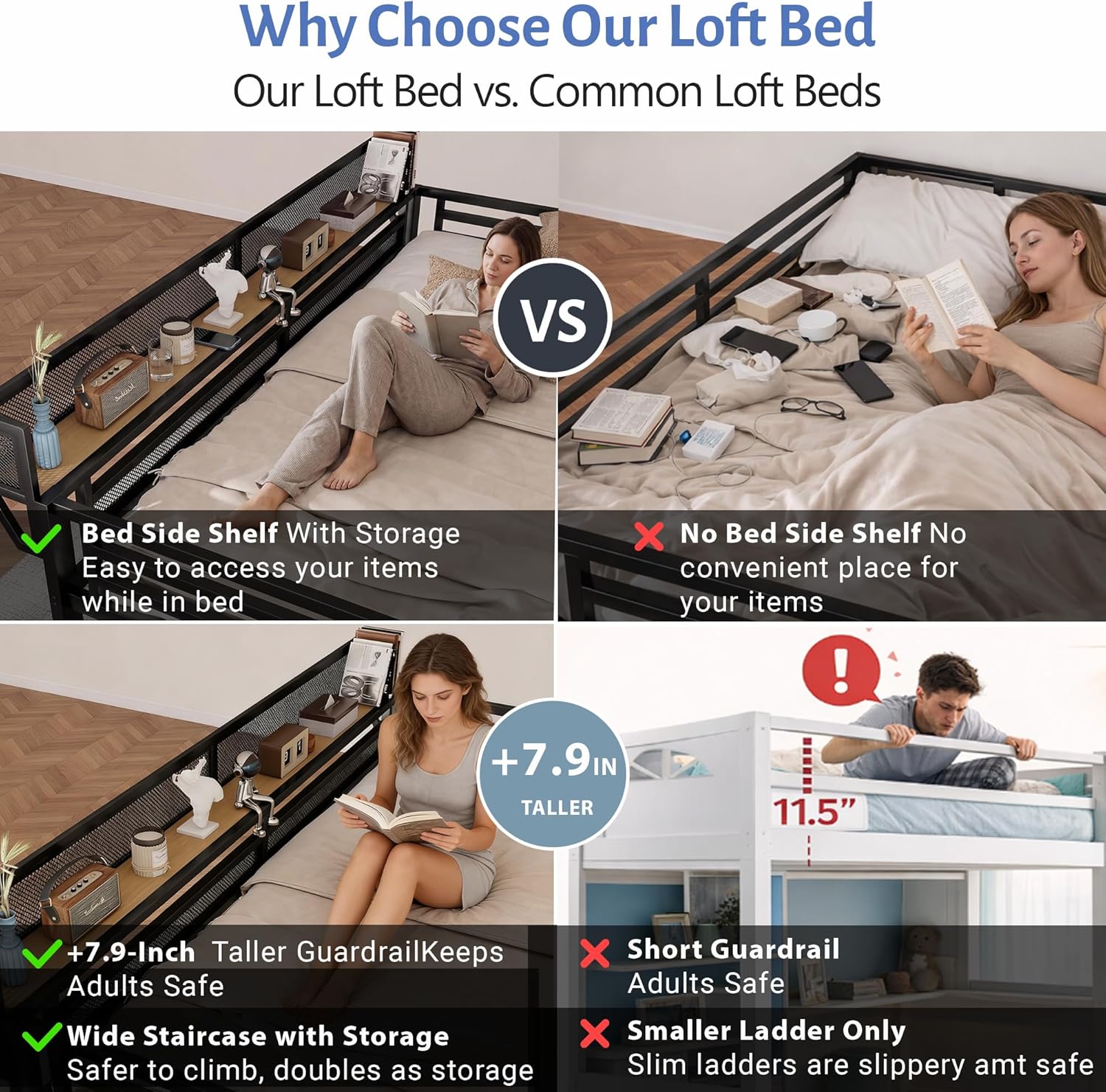 Full Size Loft Bed with Stairs and Storage, Metal Loft Bed Frame with Bedside Shelf and Large Under-Bed Space, Heavy-Duty Bed for Adults Teens and Kids, Convertible Staircase, Black