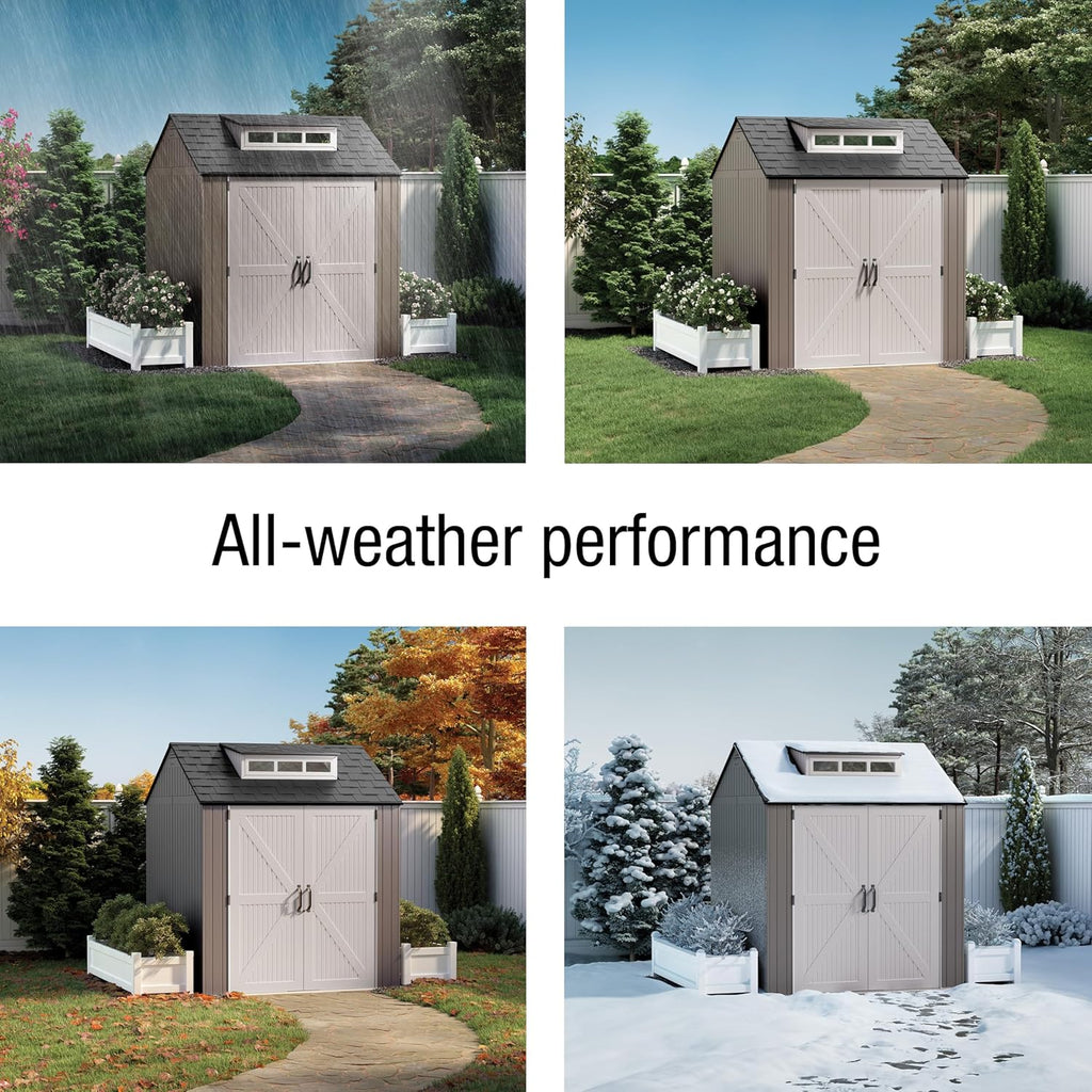 Rubbermaid Large Resin Outdoor Storage Shed With Floor (7 x 7 Ft.)  Weather Resistant  Brown  Organization for Home/Lawn Mower/Backyard Equipment/Bike Storage/Pool Supplies
