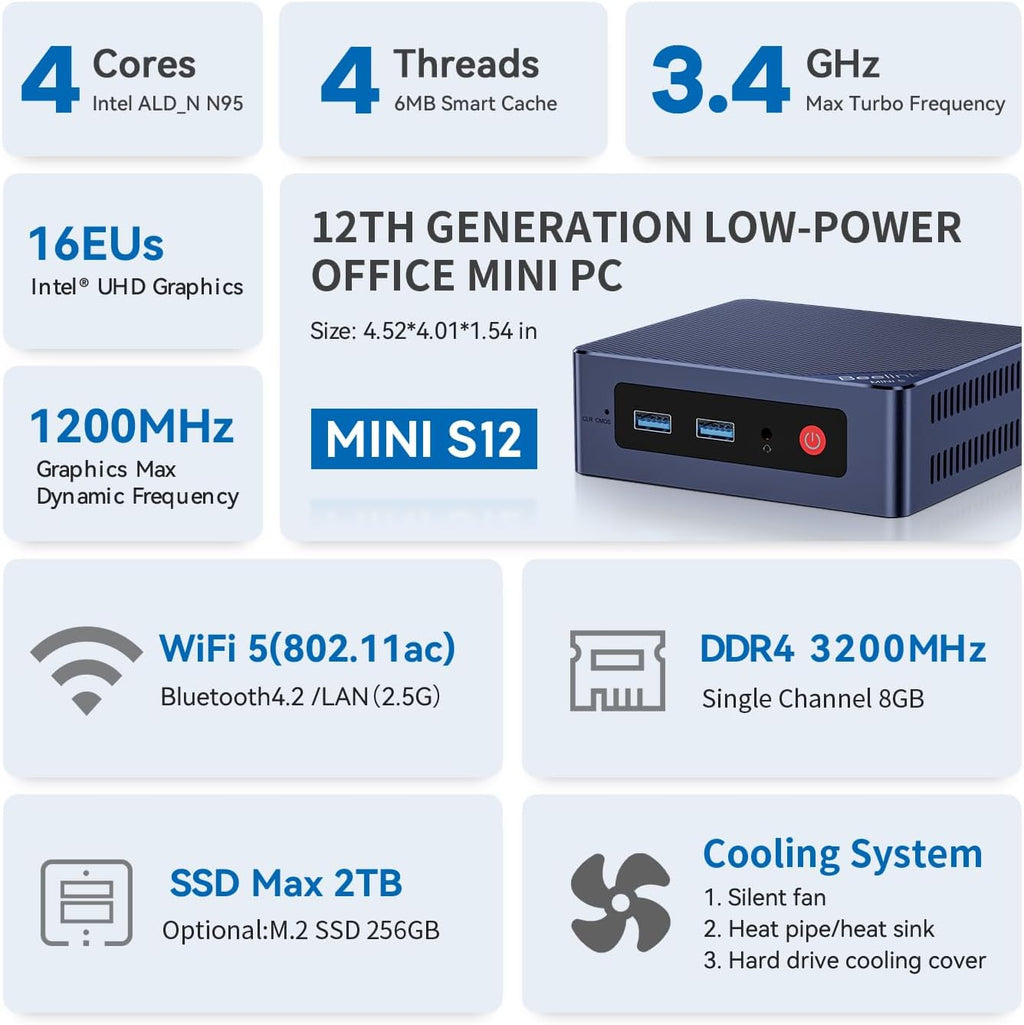 Beelink Mini PC  Mini S12 Mini Computer 12th Quad-Core N95  Desktop Computers 16G DDR4 RAM 500 SSD  Small PC 4K UHD Dual HDMI  Dual WiFi 2.5Gbps/BT4.0 for Office/Home/HTPC/W11 Home