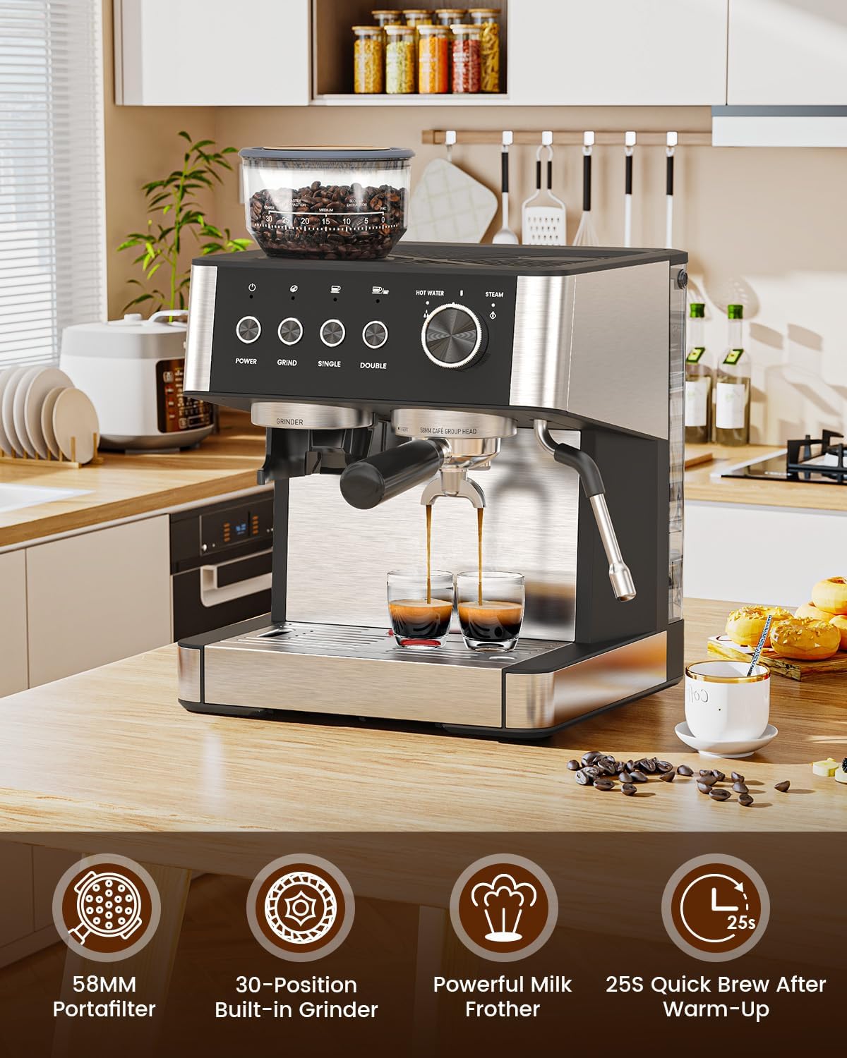 Espresso Machine 15 Bar with Built-in Anti-Clog Coffee Grinder,Stainless Steel Coffee Maker with 77.8 oz Removable Water Tank for Cappuccino/Latte,Home&Office,Black