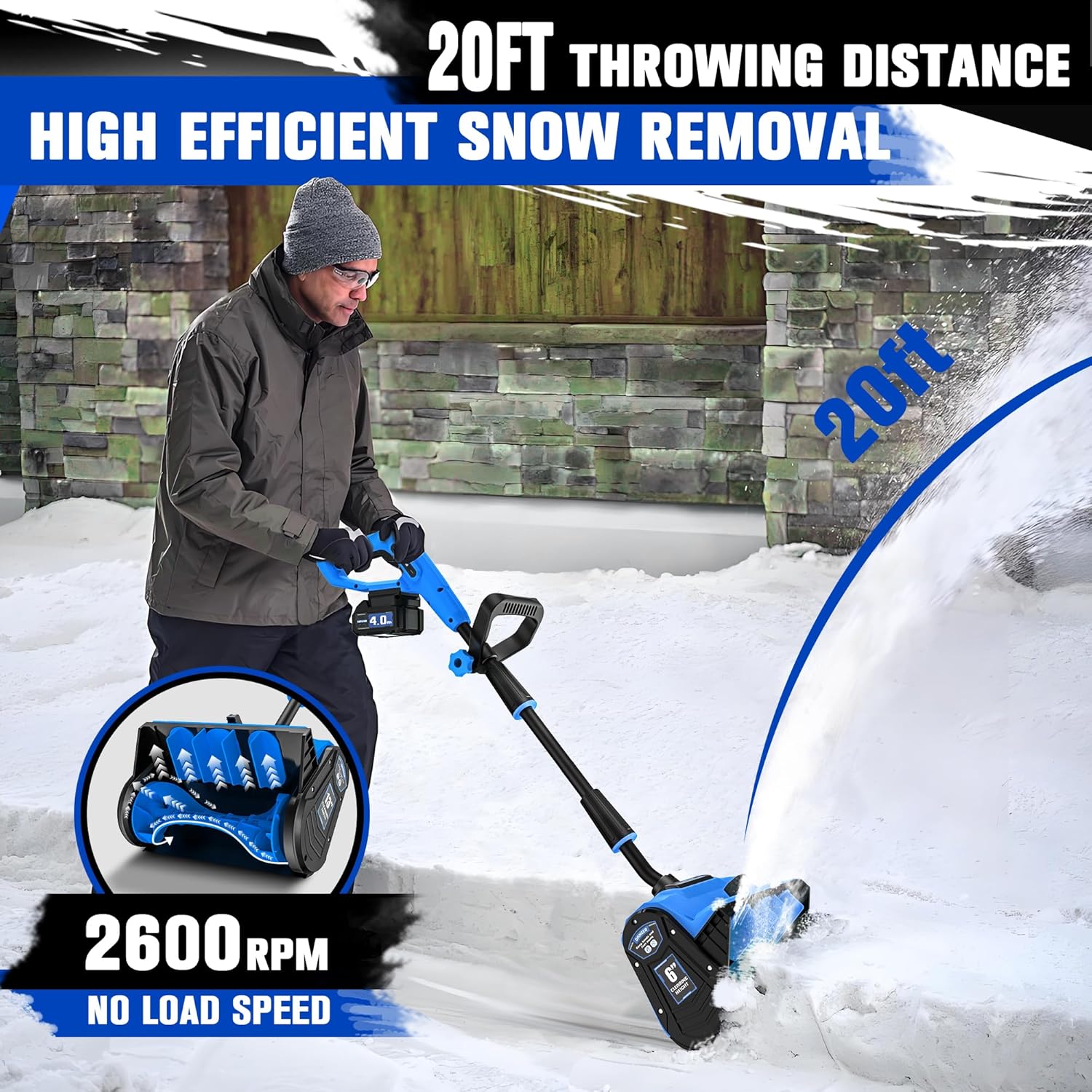 40V Cordless Snow Shovel  13 Inch 4.0Ah Electric Snow Shovel with Directional Plate  Brushless Cordless Snow Blower for Pathway  Patio  Deck  Driveway  Blue