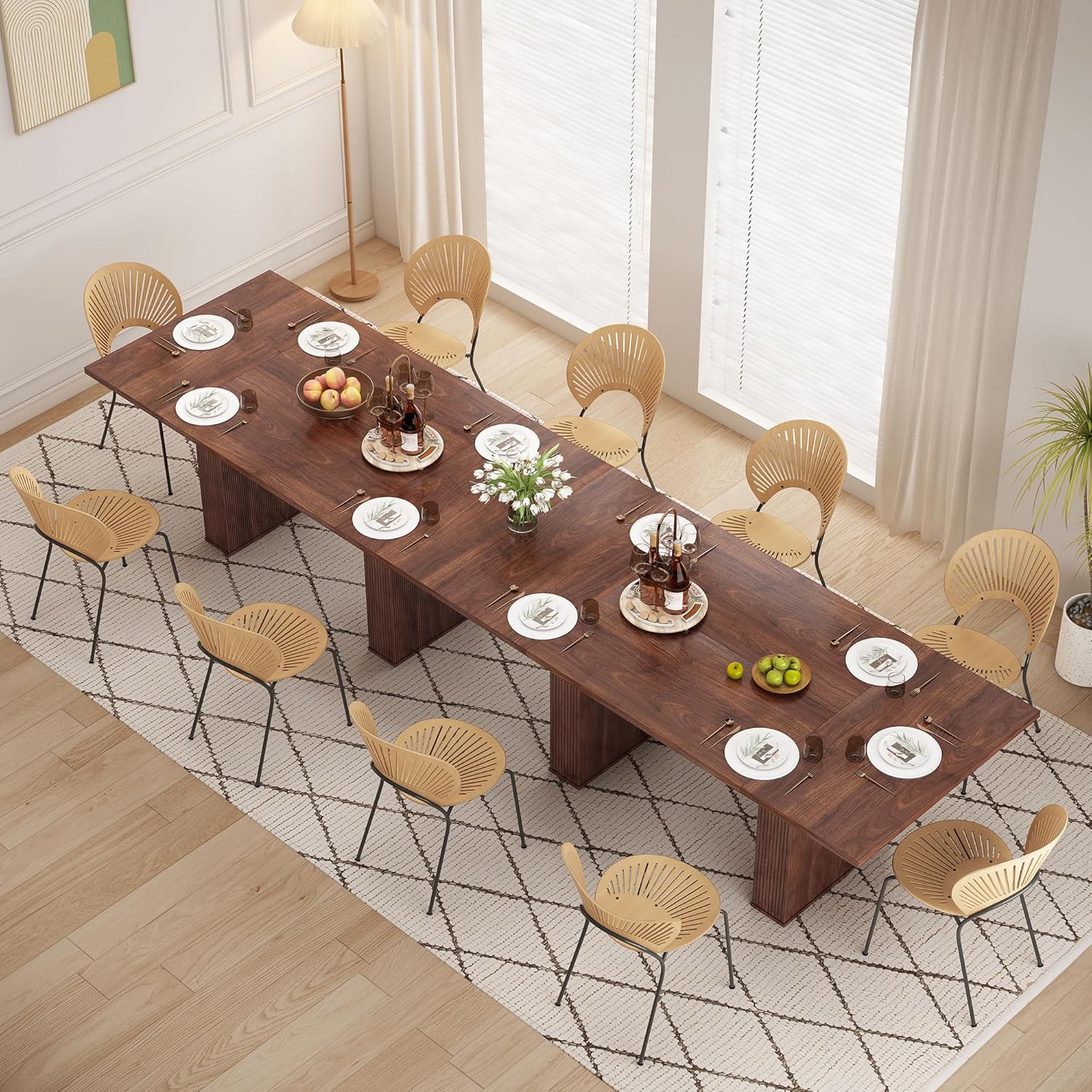 78 Inch Dining Table for 6 8 10, Modern Farmhouse Rectangular Kitchen Table, Long Dining Room Tables with Wood Strip Base for Kitchen Living Room (Walnut)
