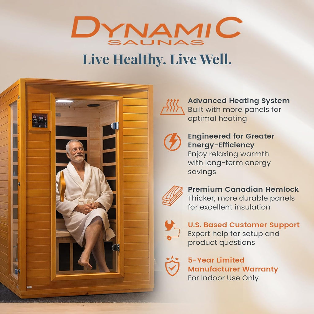 DYNAMIC SAUNAS Andora 2-Person Low EMF FAR Infrared Sauna with Red Light Therapy & Bluetooth Speakers | Personal Indoor Dry Heat Sauna for Home & Gym – Made from Canadian Hemlock