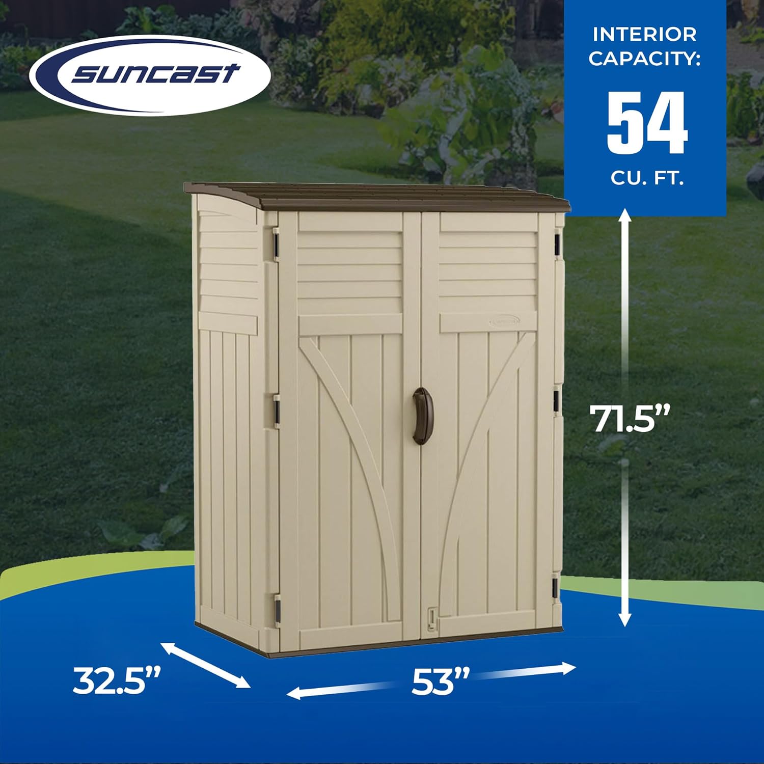 Suncast Outdoor Storage Shed  Water Resistant Resin Vertical Outdoor Storage Cabinet for Patio  Garden Tools  Cushions  & Equipment  Weatherproof Multi-Wall Design  54 cu. ft.  Made in USA