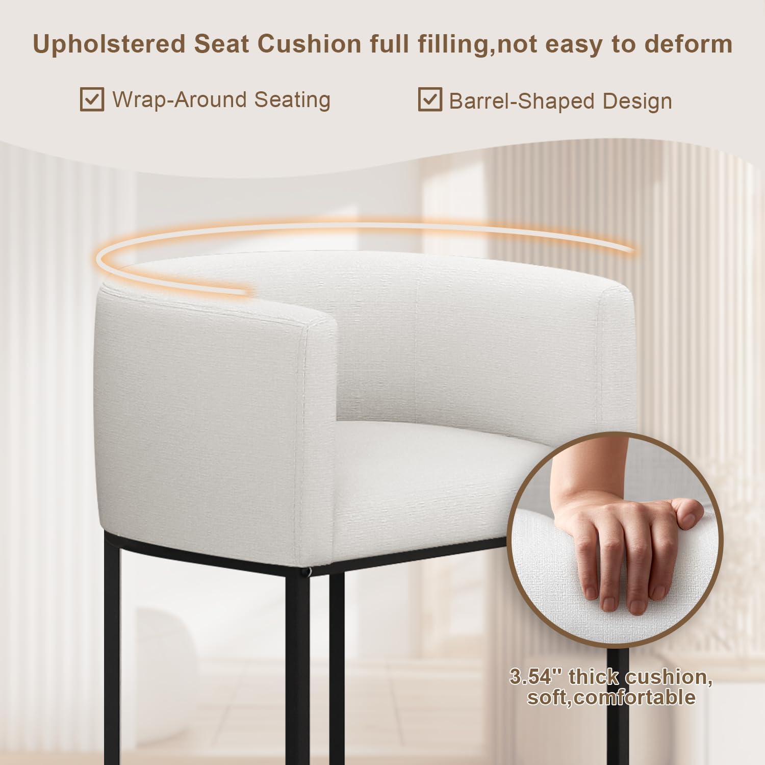 26" H Counter Height Bar Stools Set of 3, Modern Barrel Counter Stools with Backrest and Arms, Linen Fabric Upholstered Accent Barstools for Kitchen Island,Support 450 LBS (White)