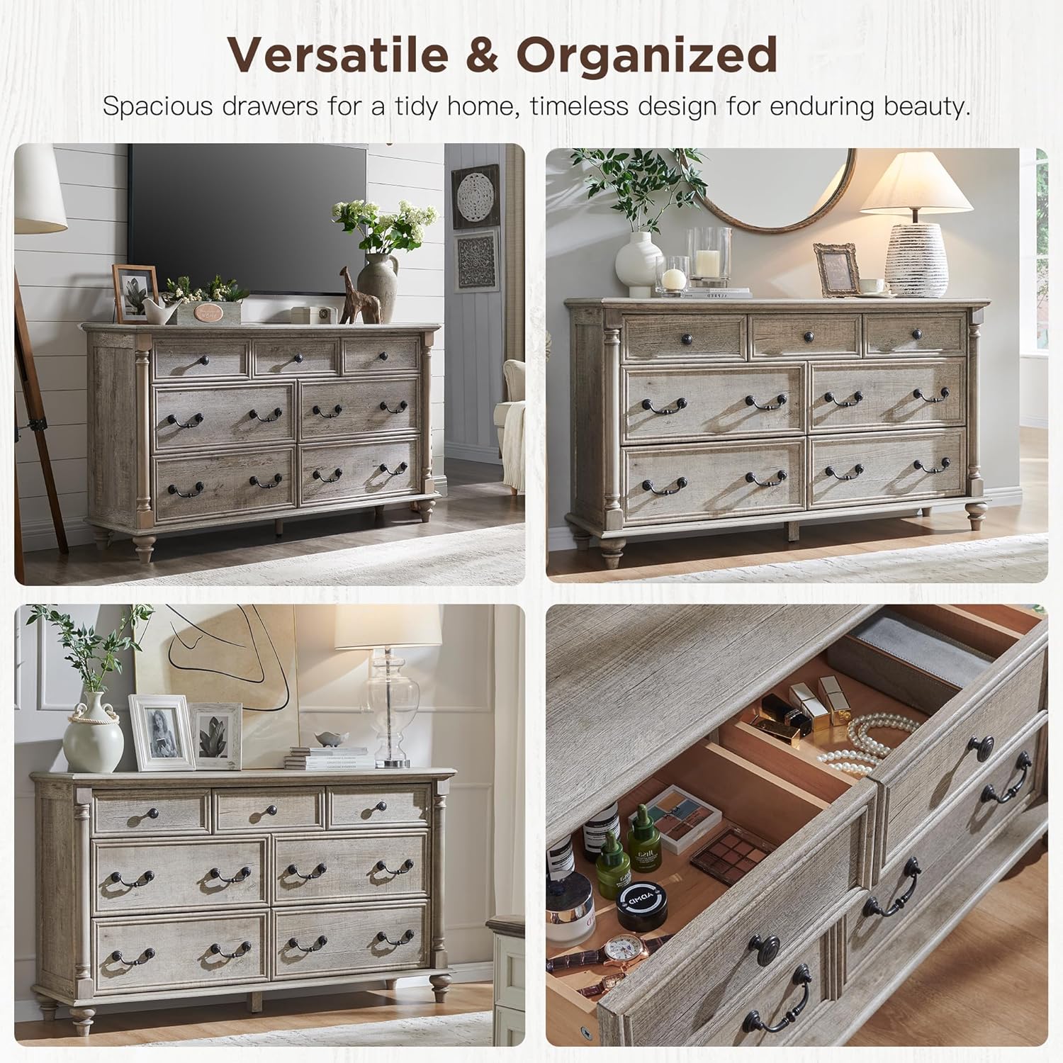 T4TREAM Farmhouse 7 Drawers Dresser Chests for Bedroom w/ 4 Column Solid Wood Feet, Tall Wide Wood Country Rustic Chest of Drawers, Storage Dressers for Bedroom, Living Room, Light Rustic Oak