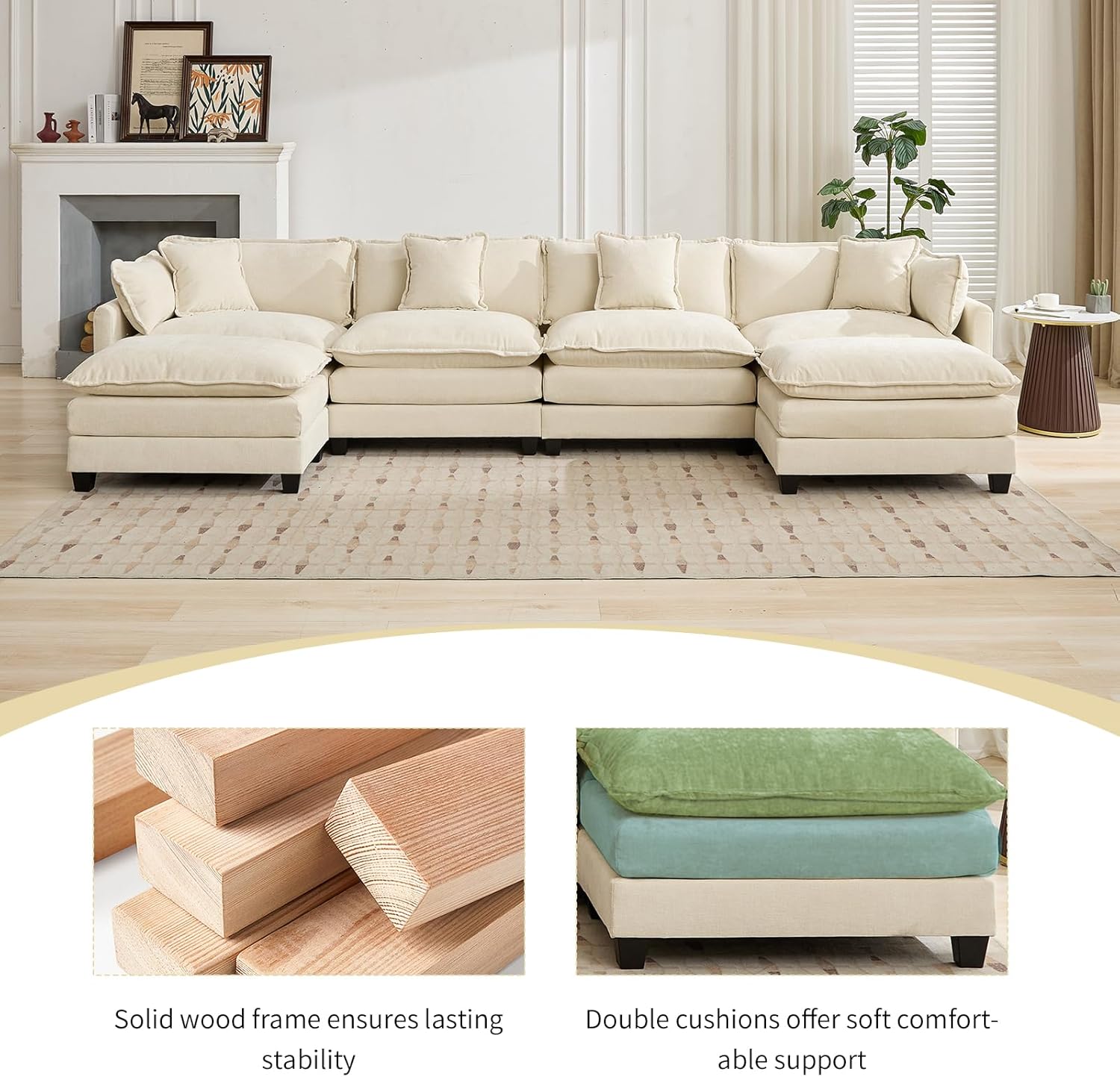 111.5" Beige Modular Sectional Sofa, 3 Seater Large Sectional Couches for Living Room, Ivory Off-White Chenille Fabric Oversized Cloud Couch with Ottoman, Modern Sofas Set, Sofas para Sala, U Shaped