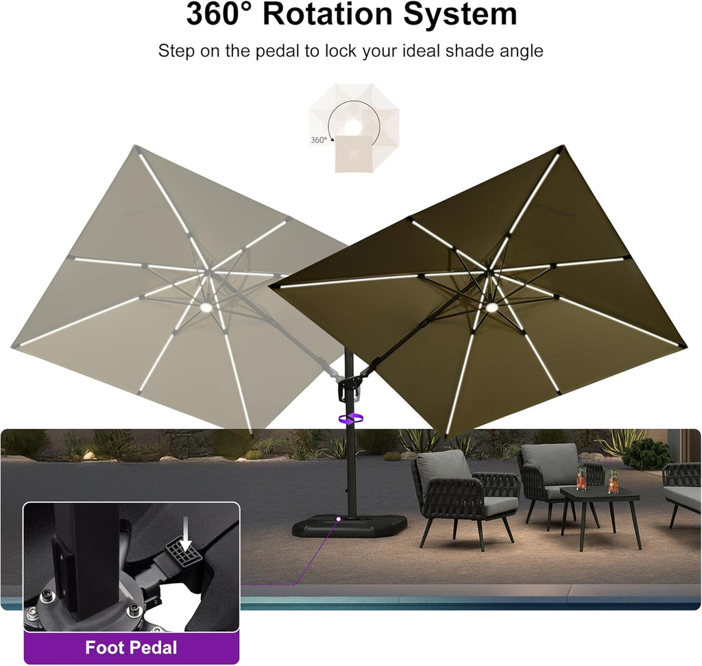 PURPLE LEAF 10 Feet Patio Umbrella Outdoor Cantilever Solar Powered LED Swivel Square Umbrella Aluminum Offset Umbrella with 360-degree Rotation for Garden Deck Pool Patio  Beige