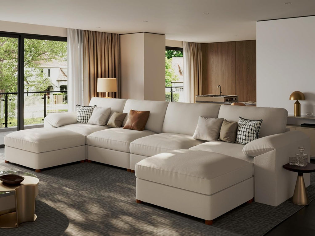 EASE MOOSE Oversized Modular Sectional Sofa,Leather Sectional Couch with Deep Seat,Extra Large U Shaped Couch,Faux Leather Material Sofa Modern Comfy Scratch Resistant,Beige