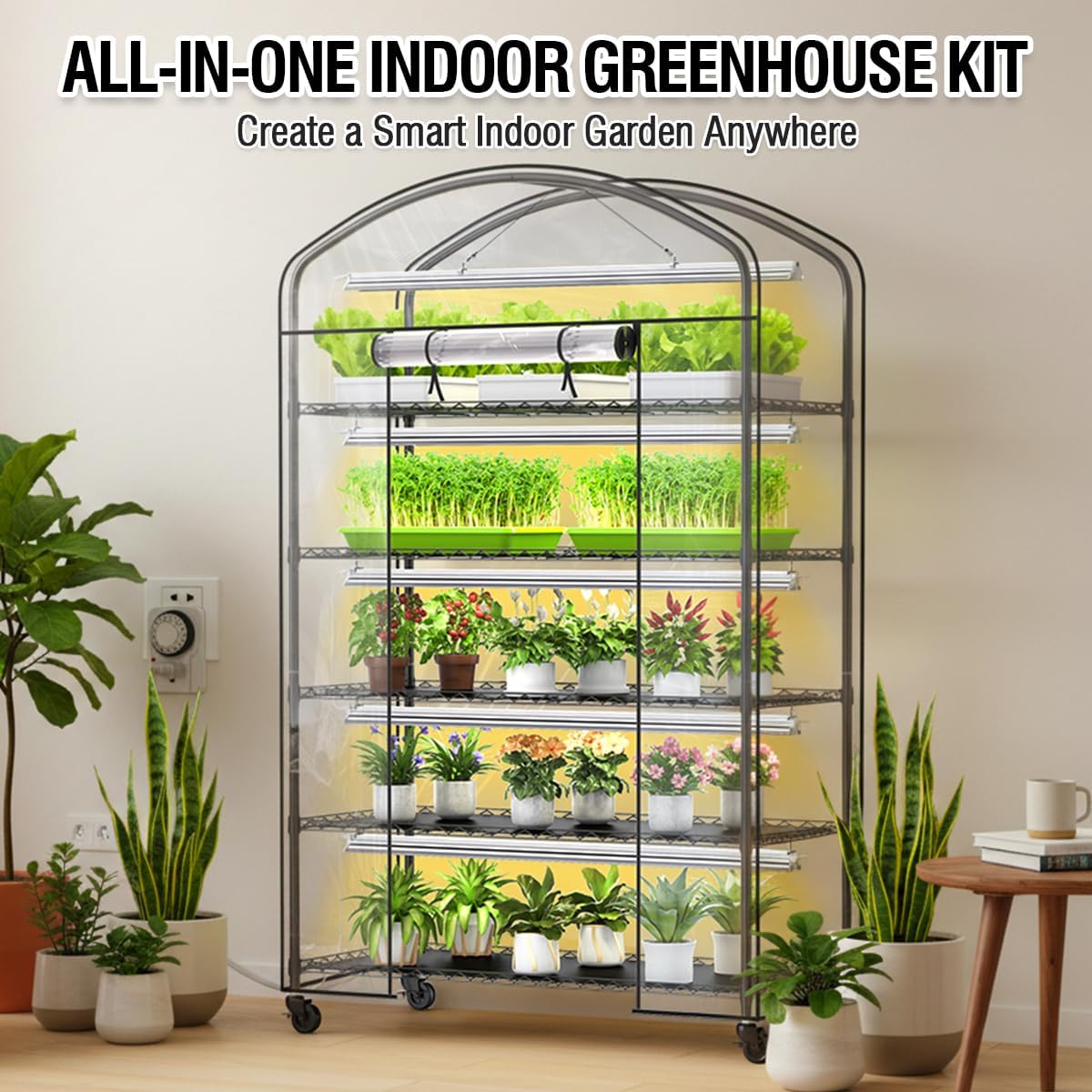 5 Tier Metal Plant Stand with Grow Light & PVC Cover Portable Mini Greenhouse with Shelves Adjustable Small Indoor Green House with Grow Light for Indoor Plants  Seedling Rack 49"x21.6"x79"