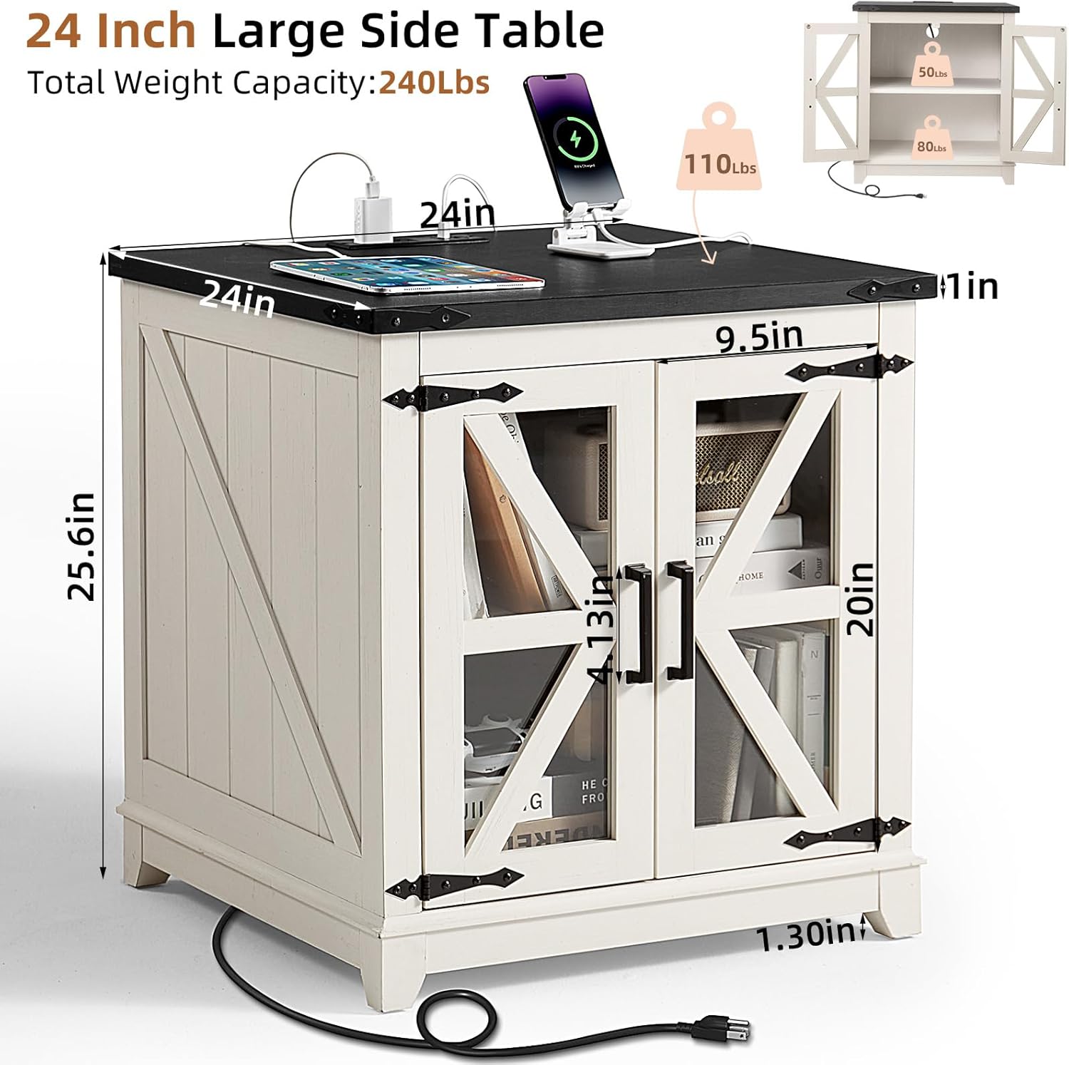 Farmhouse End Table with Charging Station Set 2, 24" Large Sofa Side Table with Glass Barn Door,White Nightstand with Adjustable Storage Shelf,Wood Square Bedside Table for Living Room,Bedroom