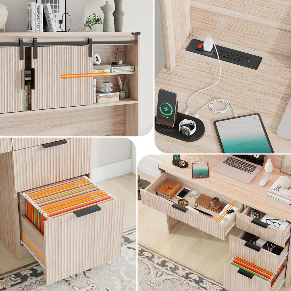 Farmhouse 67" H Executive Desk with Fluted Drawers,4 Drawers Fluted Computer Desk with LED Light,Charging Hub,Wood Workstation with Hutch and Sliding Barn Doors for Work and Study