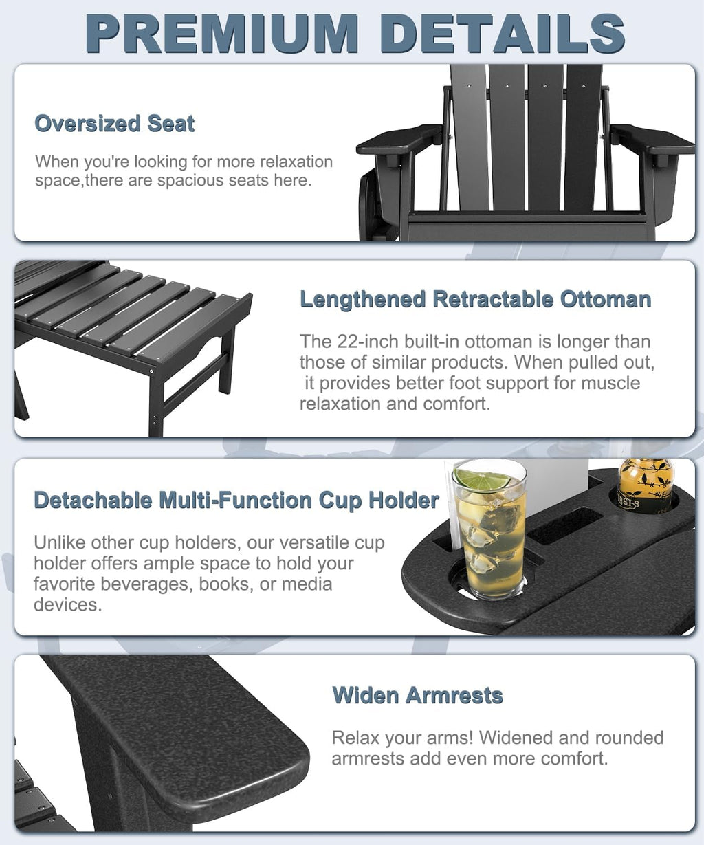 Adjustable Adirondack Chair with Retractable Ottoman Set of 2  HDPE Folding Adirondack Chair with Cup Holder  All Weather Fire Pit Chair for Outdoor.