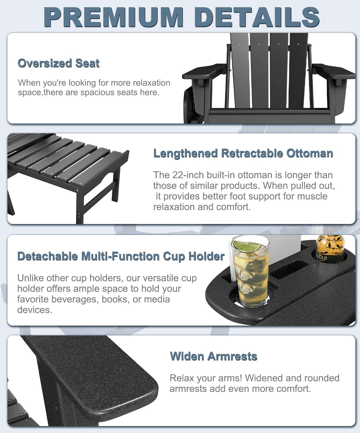 Adjustable Adirondack Chair with Retractable Ottoman Set of 2  HDPE Folding Adirondack Chair with Cup Holder  All Weather Fire Pit Chair for Outdoor.